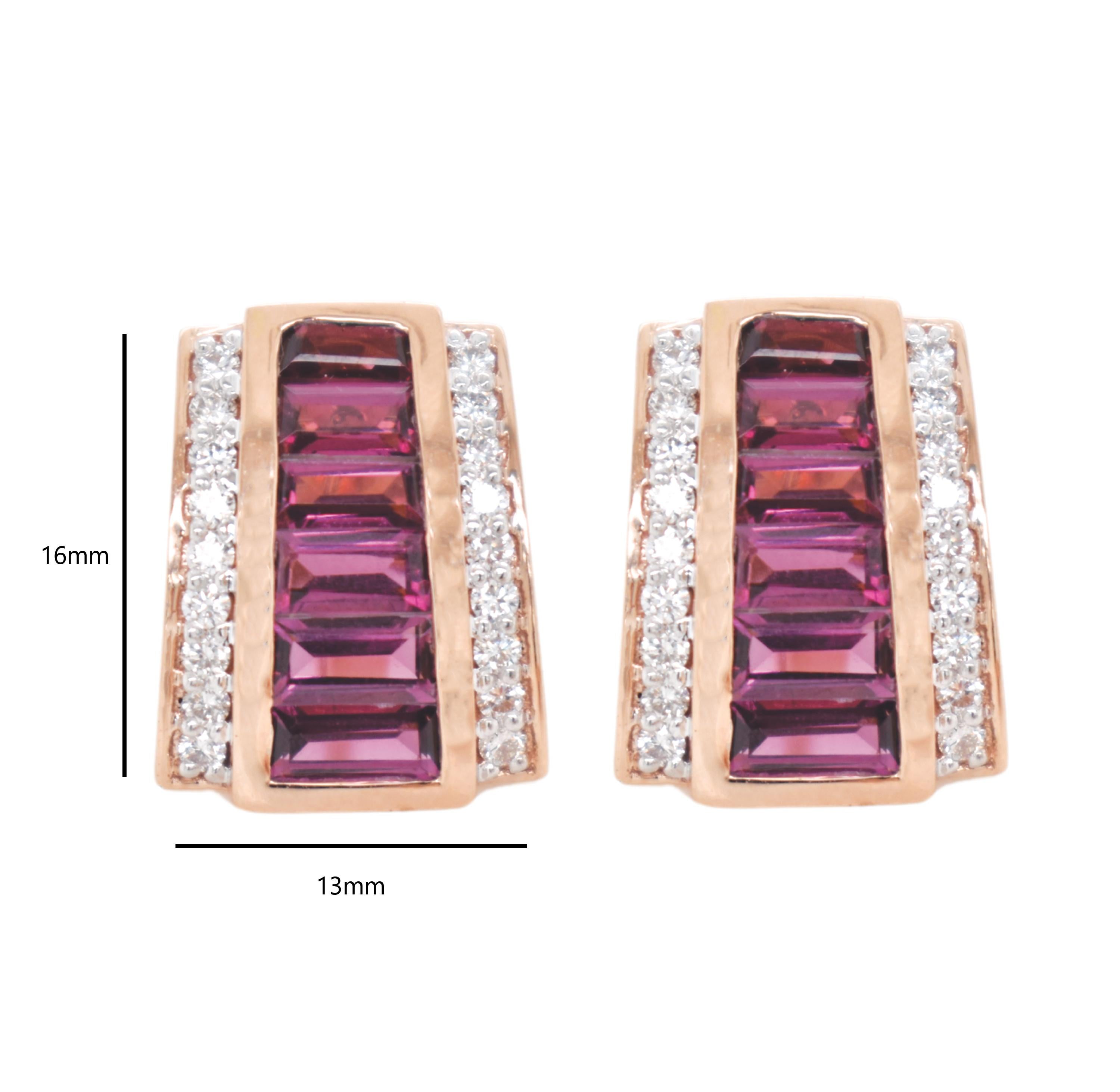 Taglio baguette Set di orecchini con pendente a piramide in oro rosa 14 carati con rodolite Art Deco in vendita