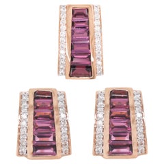 14 Karat Rose Gold Rhodolite Art Deco Pyramid Diamond Pendant Earrings Set