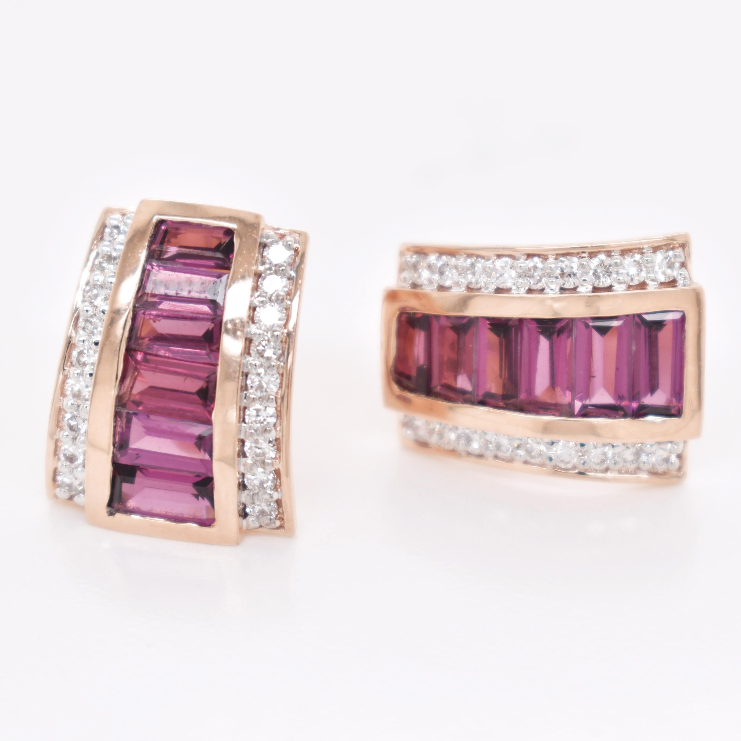 Baguette rastremato Orecchini con diamante a piramide in oro rosa 14 carati con rodolite baguette Art Deco in vendita
