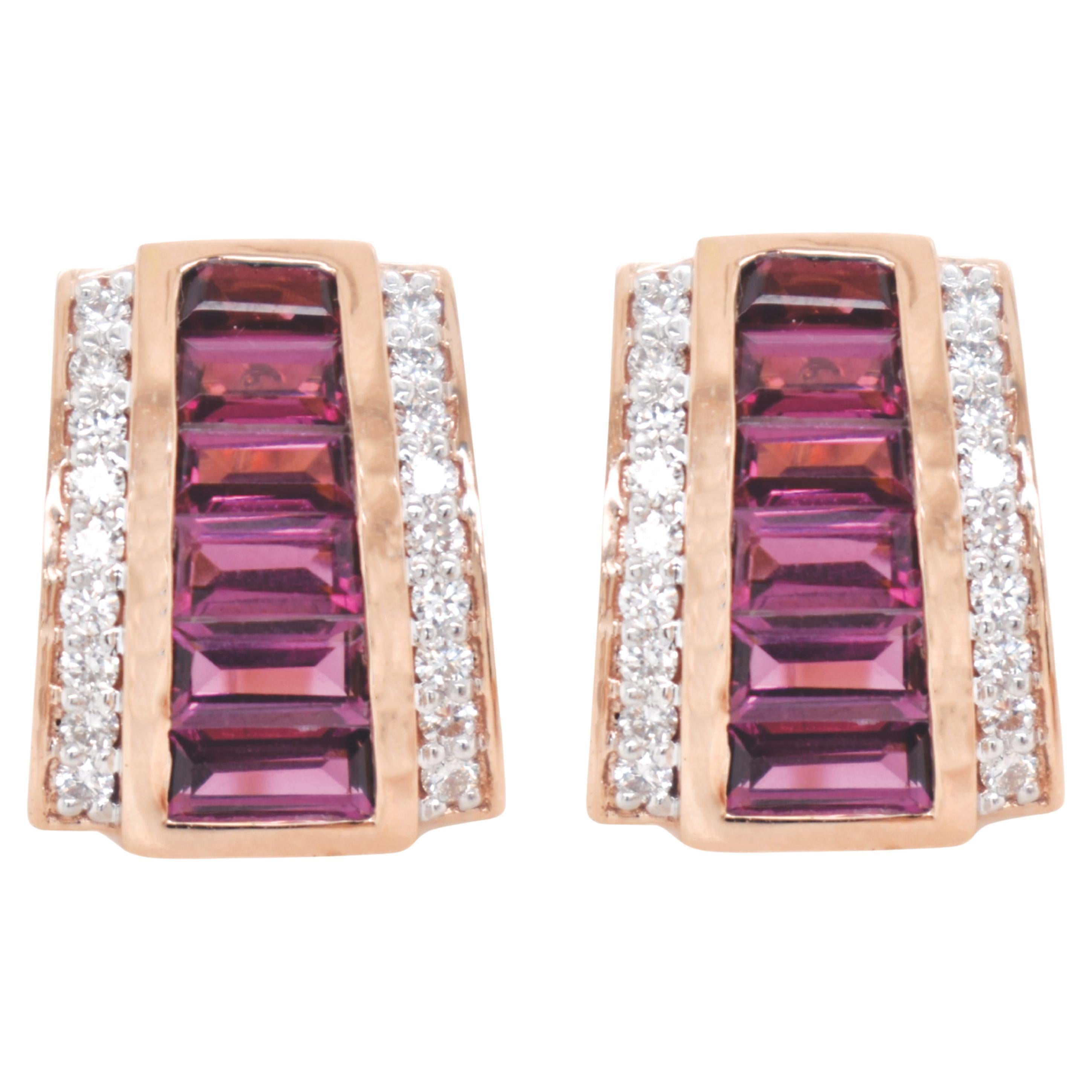 Orecchini con diamante a piramide in oro rosa 14 carati con rodolite baguette Art Deco