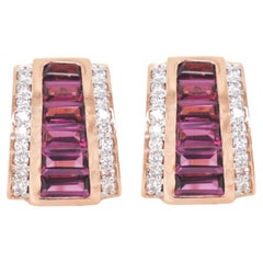 14 Karat Rose Gold Rhodolite Baguette Art Deco Pyramid Diamond Stud Earrings
