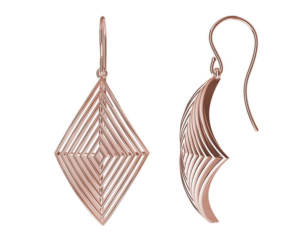 14 Karat Rose Gold Rhombus Rows Earrings , From the Open Air series. Inspireded by light and air, this ring  keeps it interesting. Simple domed top with repeating rhombus rows to create a playfulness with the light and shadows. And an interesting