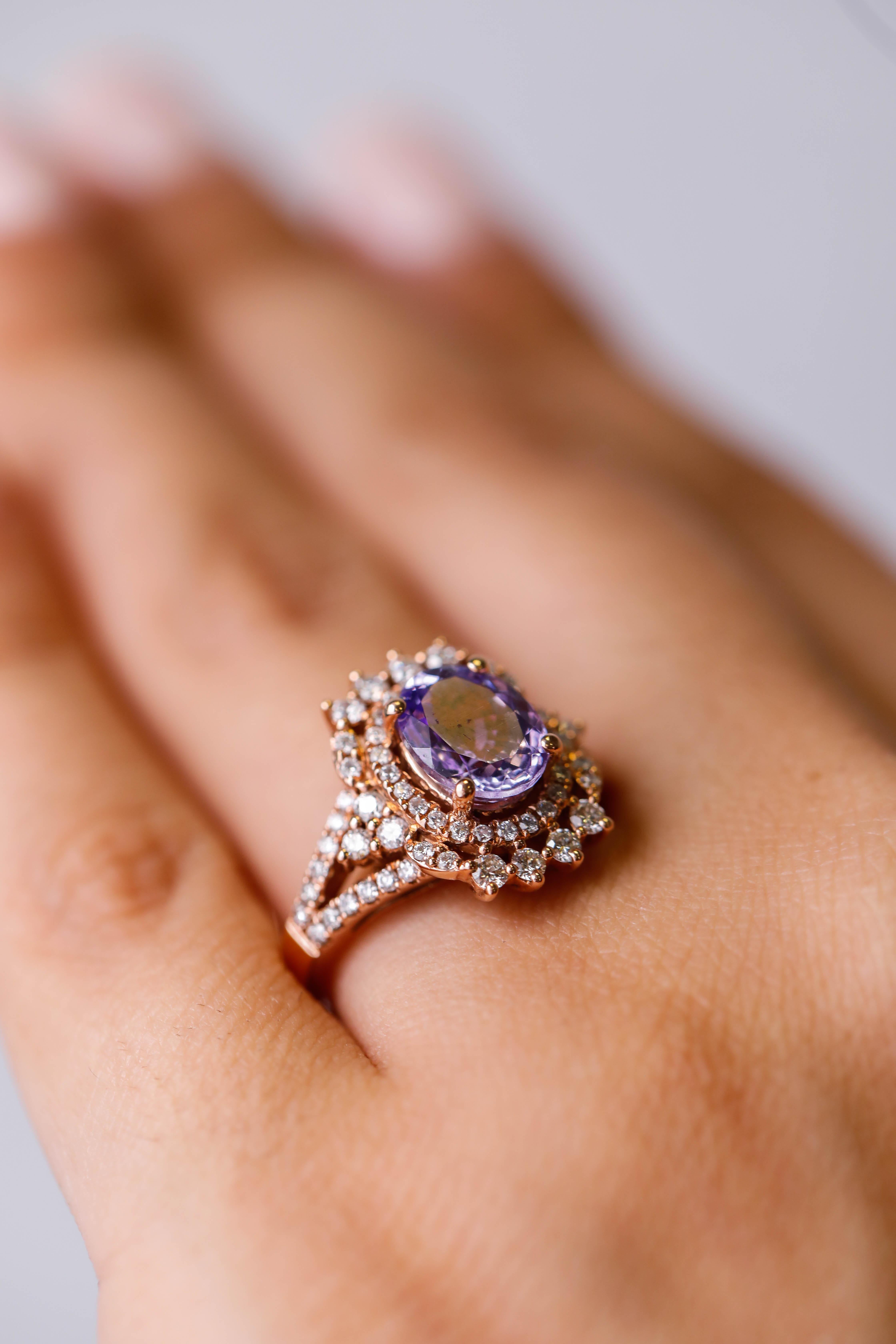 Oval Cut Pink Tanzanite Diamond Accent Engagement Ring in 14 karat Rose Gold In New Condition In New York, NY