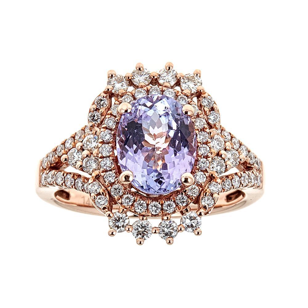 Oval Cut Pink Tanzanite Diamond Accent Engagement Ring in 14 karat Rose Gold