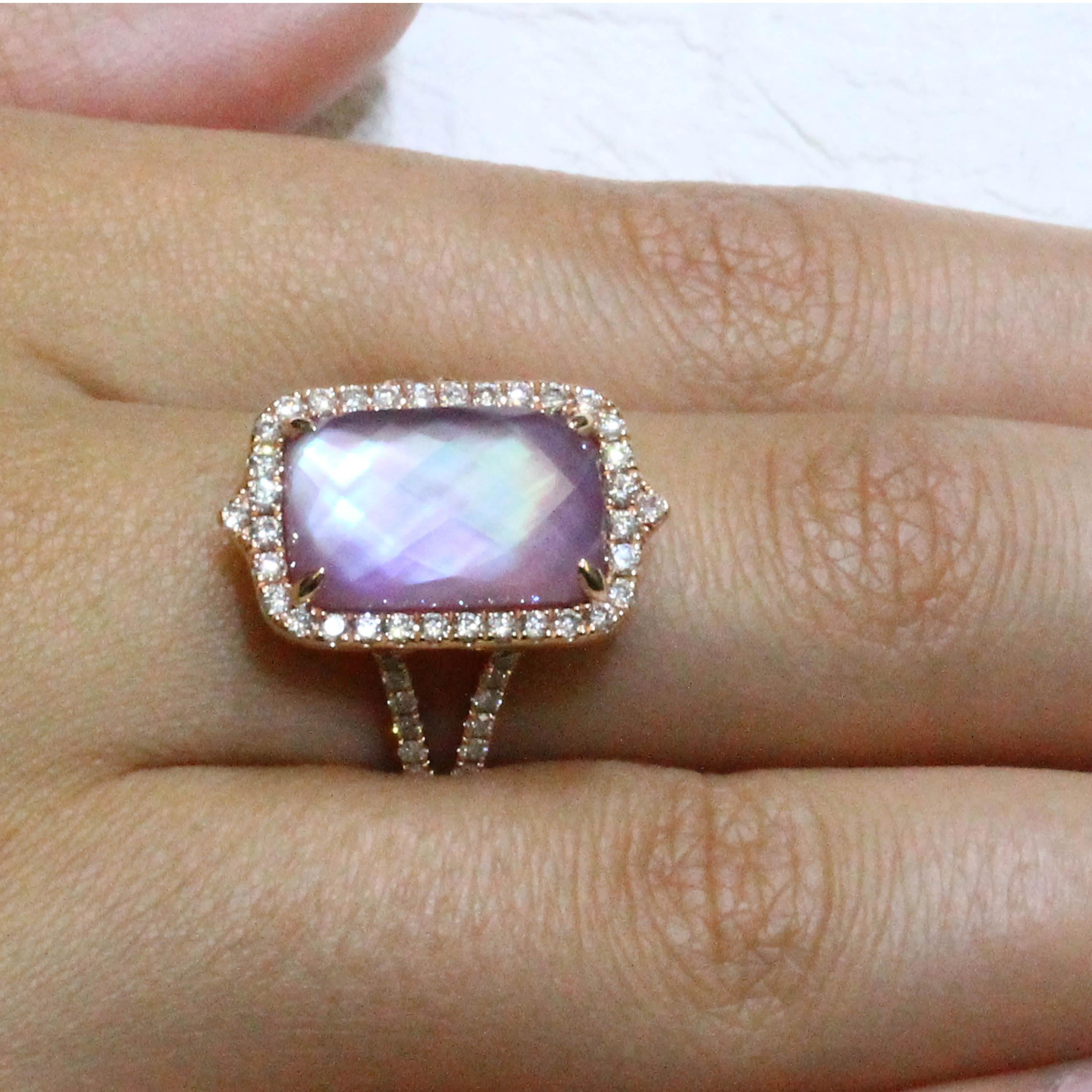 Contemporary 14 Karat Rose Gold Ring w/Cushion Amethyst, Mother of Pearl & Diamonds 2/3 Carat For Sale
