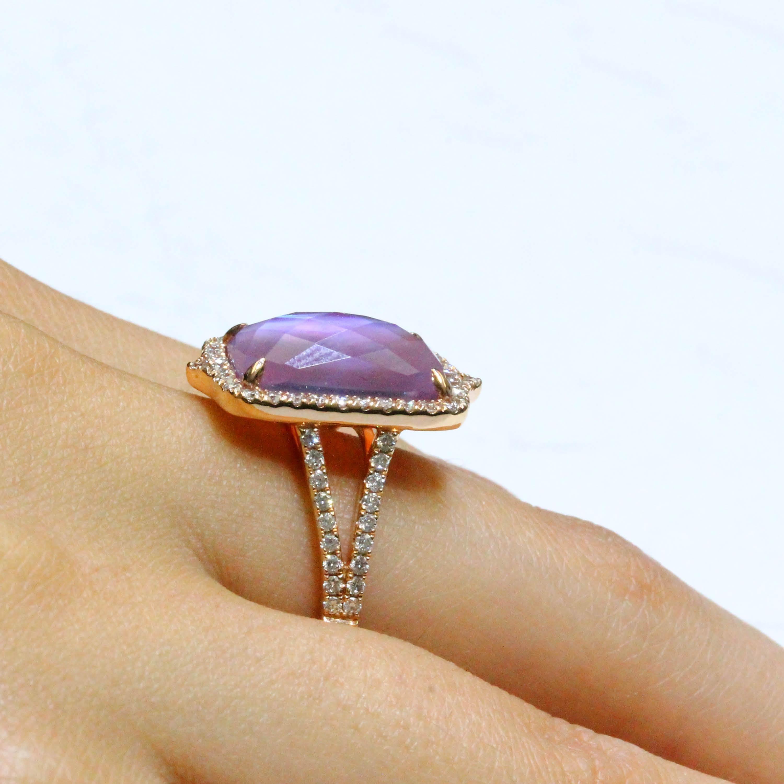 Cushion Cut 14 Karat Rose Gold Ring w/Cushion Amethyst, Mother of Pearl & Diamonds 2/3 Carat For Sale