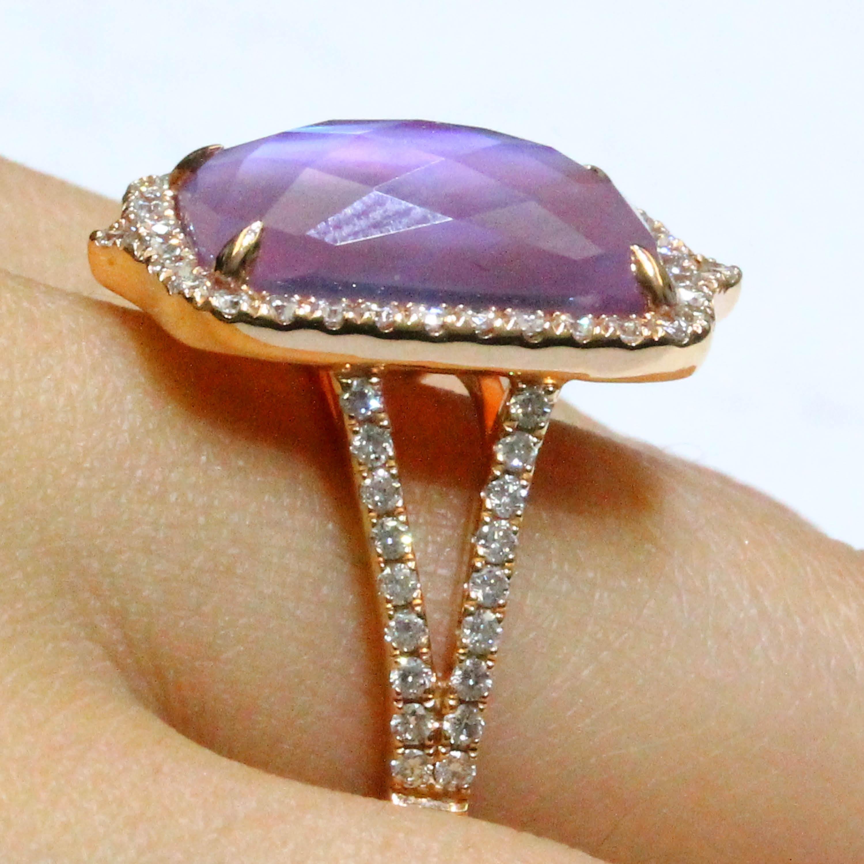 14 Karat Rose Gold Ring w/Cushion Amethyst, Mother of Pearl & Diamonds 2/3 Carat In New Condition For Sale In Great Neck, NY
