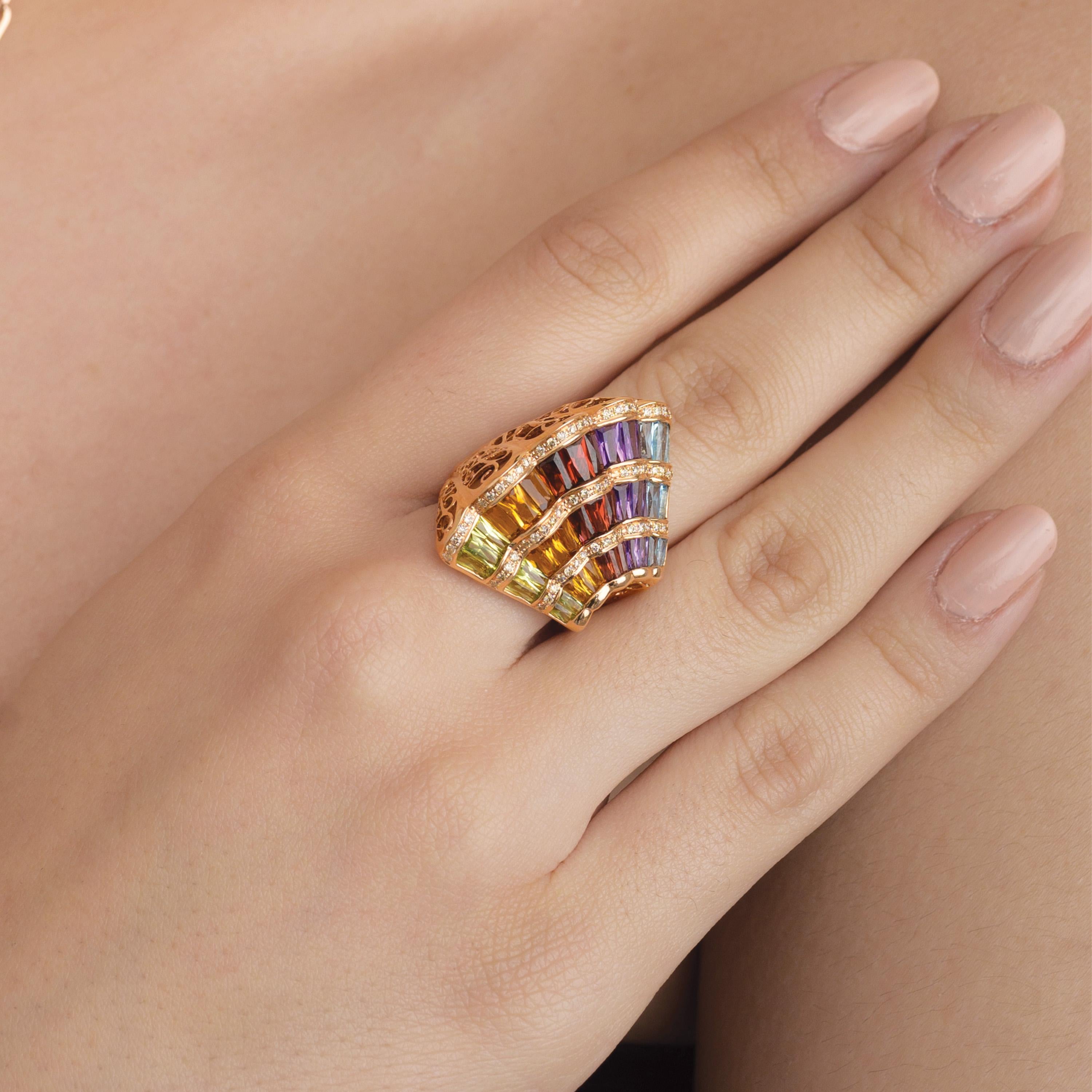 Contemporary 14 Karat Rose Gold Rose Gold Rainbow Multicolour Gemstones Cocktail Ring For Sale