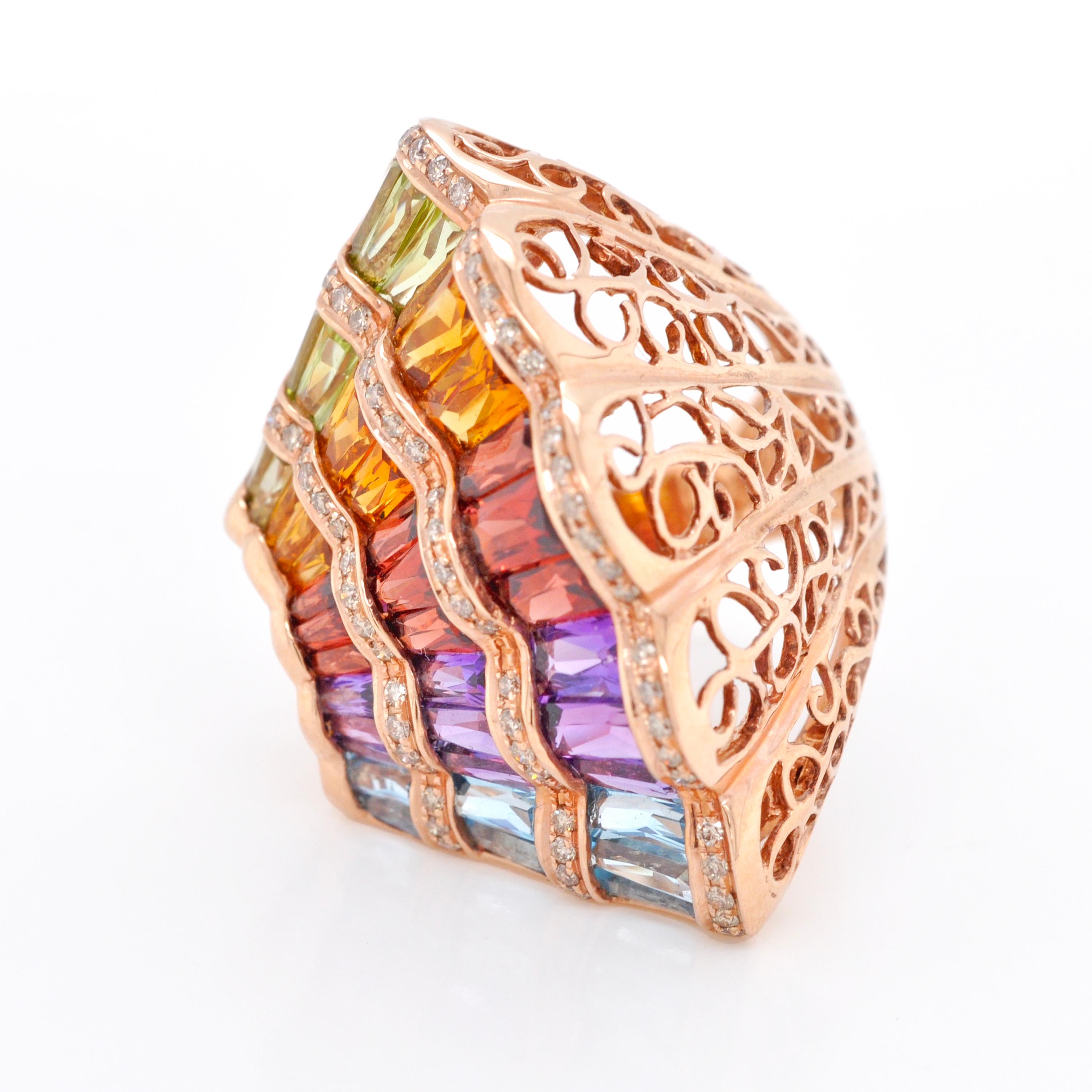 Women's 14 Karat Rose Gold Rose Gold Rainbow Multicolour Gemstones Cocktail Ring For Sale