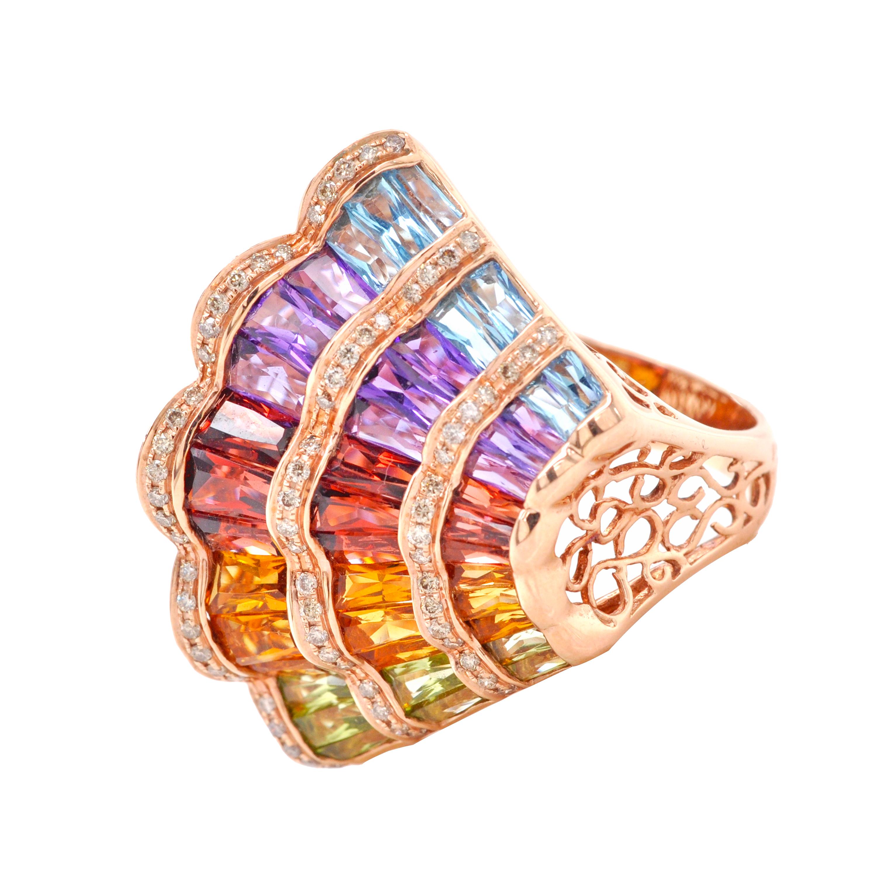 14 Karat Rose Gold Rose Gold Rainbow Multicolour Gemstones Cocktail Ring For Sale 2