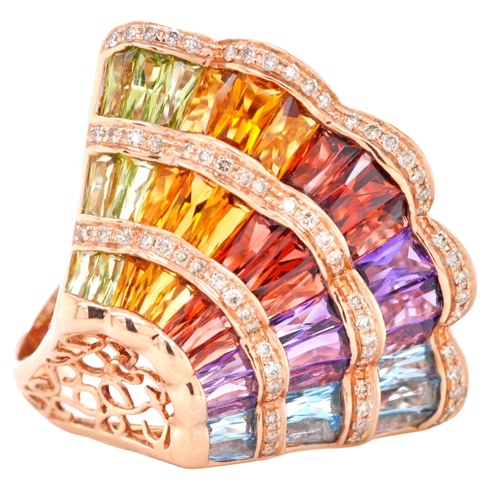 14 Karat Rose Gold Rose Gold Rainbow Multicolour Gemstones Cocktail Ring For Sale