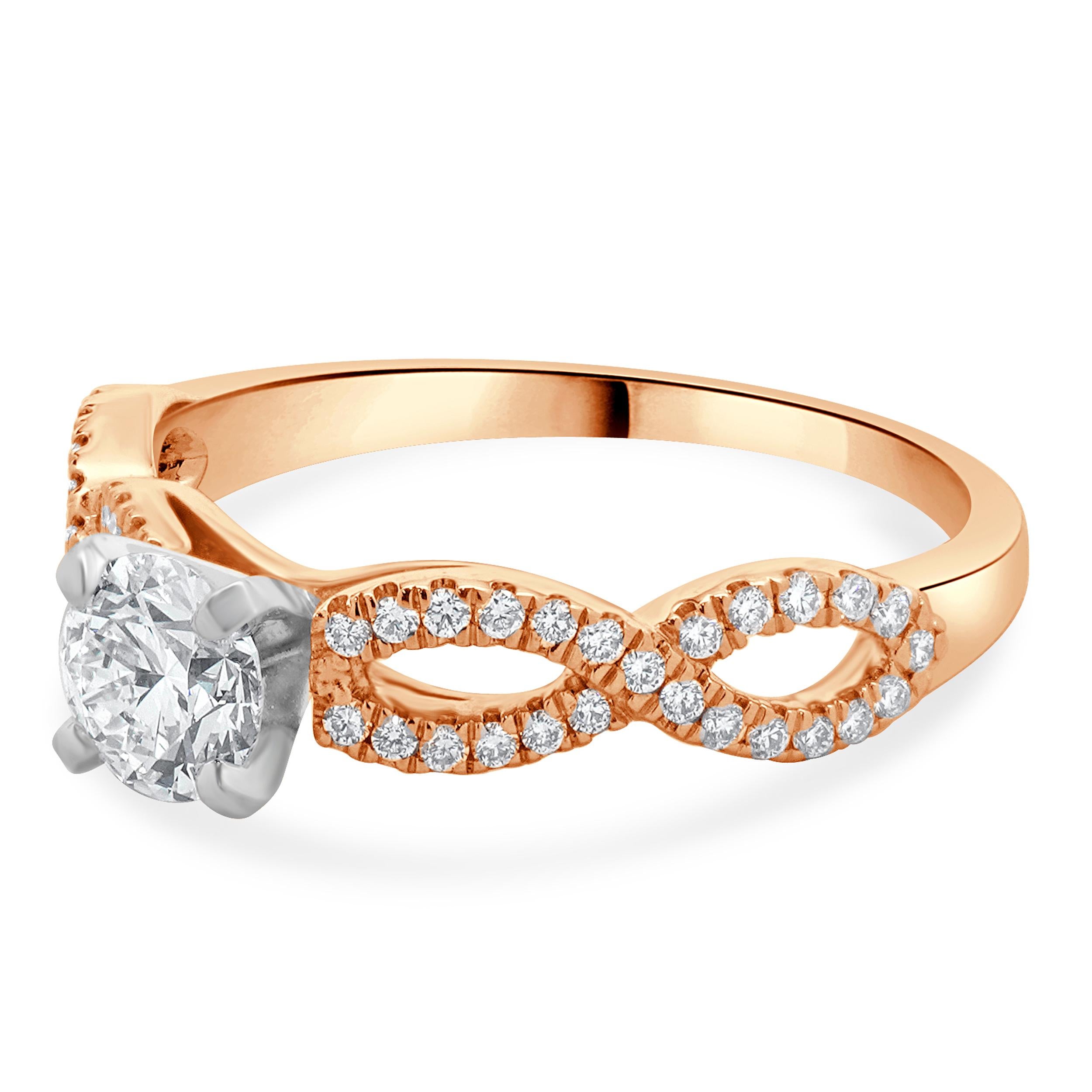 Designer: custom design
Material: 14K rose gold
Center Diamond: 1 round brilliant cut = 0.70ct
Color : F
Clarity : VVS1
GIA: 2386028138
Diamond: 50 round brilliant cut = 0.20cttw
Color : H
Clarity : SI1
Size: 8.75 complimentary sizing available