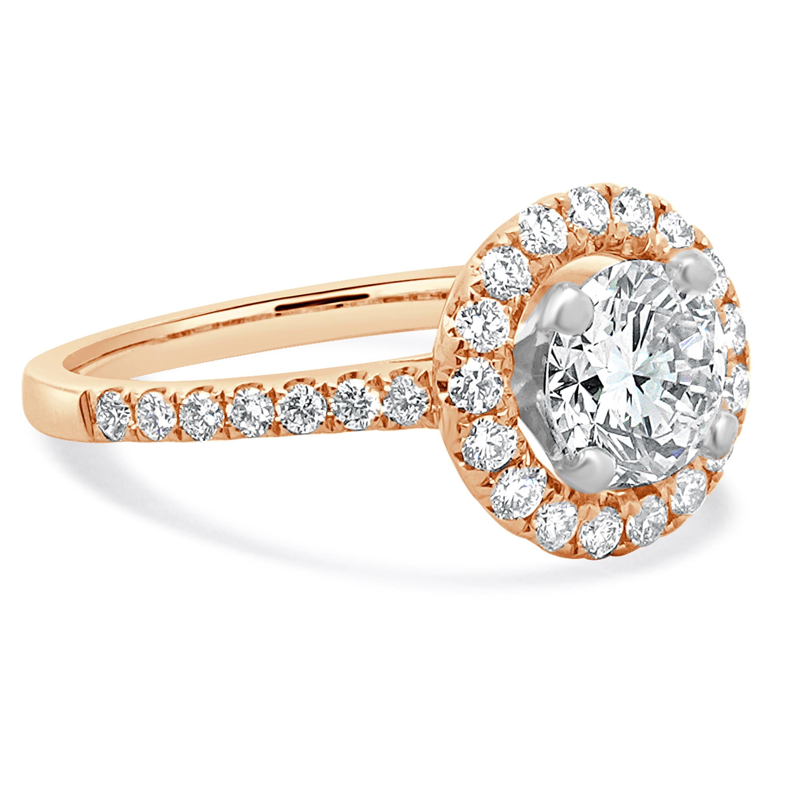 Anillo de compromiso de diamantes redondos talla brillante en oro rosa de 14 quilates en Excelente estado para la venta en Scottsdale, AZ