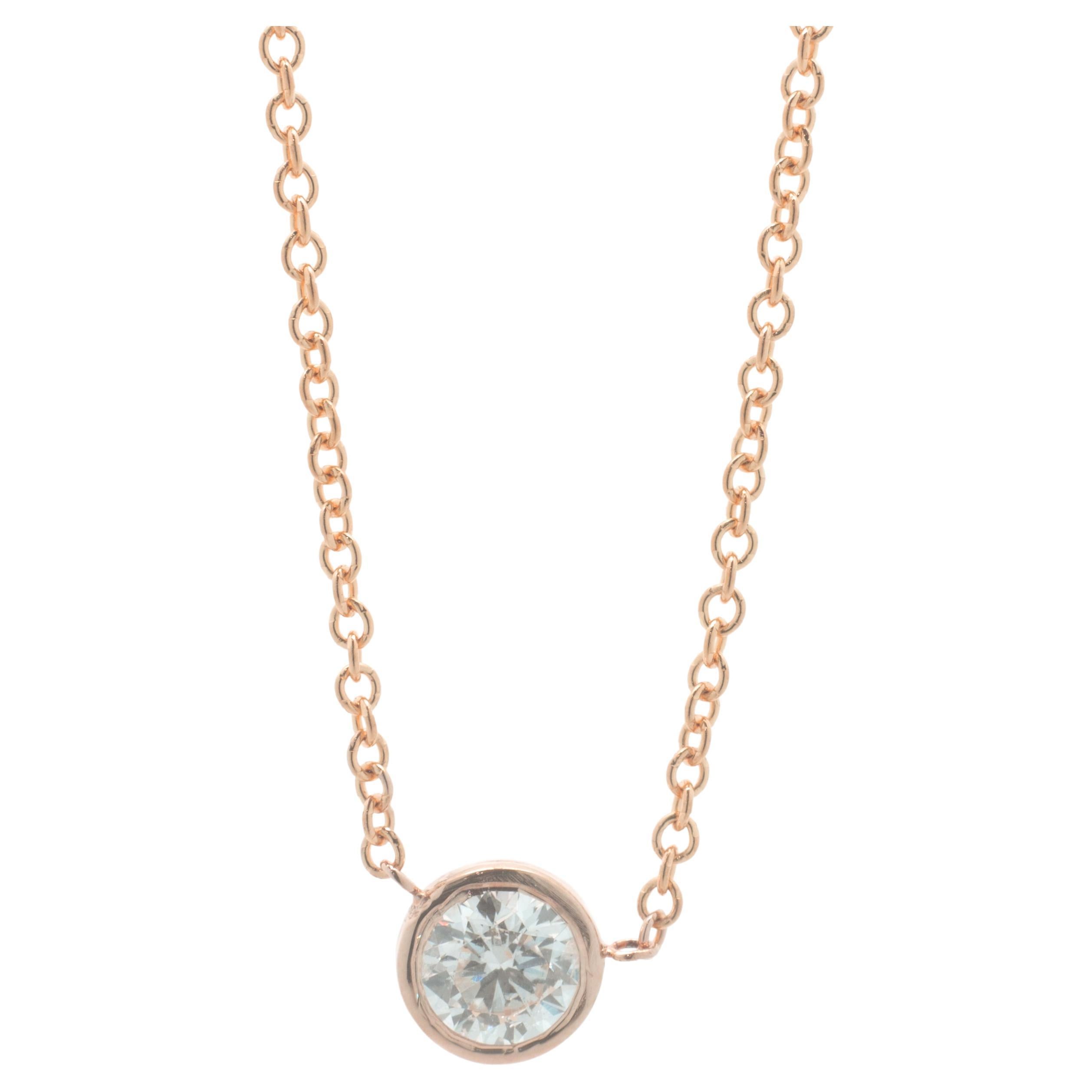 14 Karat Rose Gold Round Brilliant Diamond Solitaire Necklace For Sale