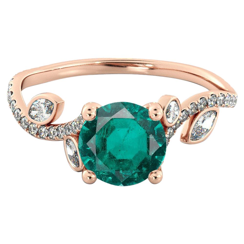 14 Karat Rose Gold Round Emerald Flower Style Engagement Ring