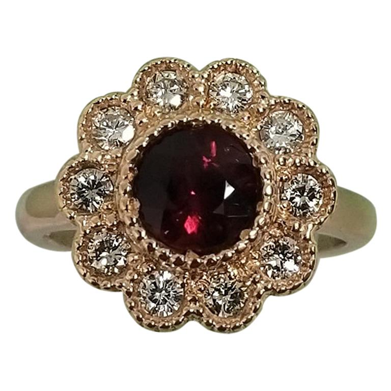 14 Karat Rose Gold Rubelite Garnet and Diamond Halo Beaded Ring For Sale