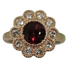 14 Karat Rose Gold Rubelite Garnet and Diamond Halo Beaded Ring