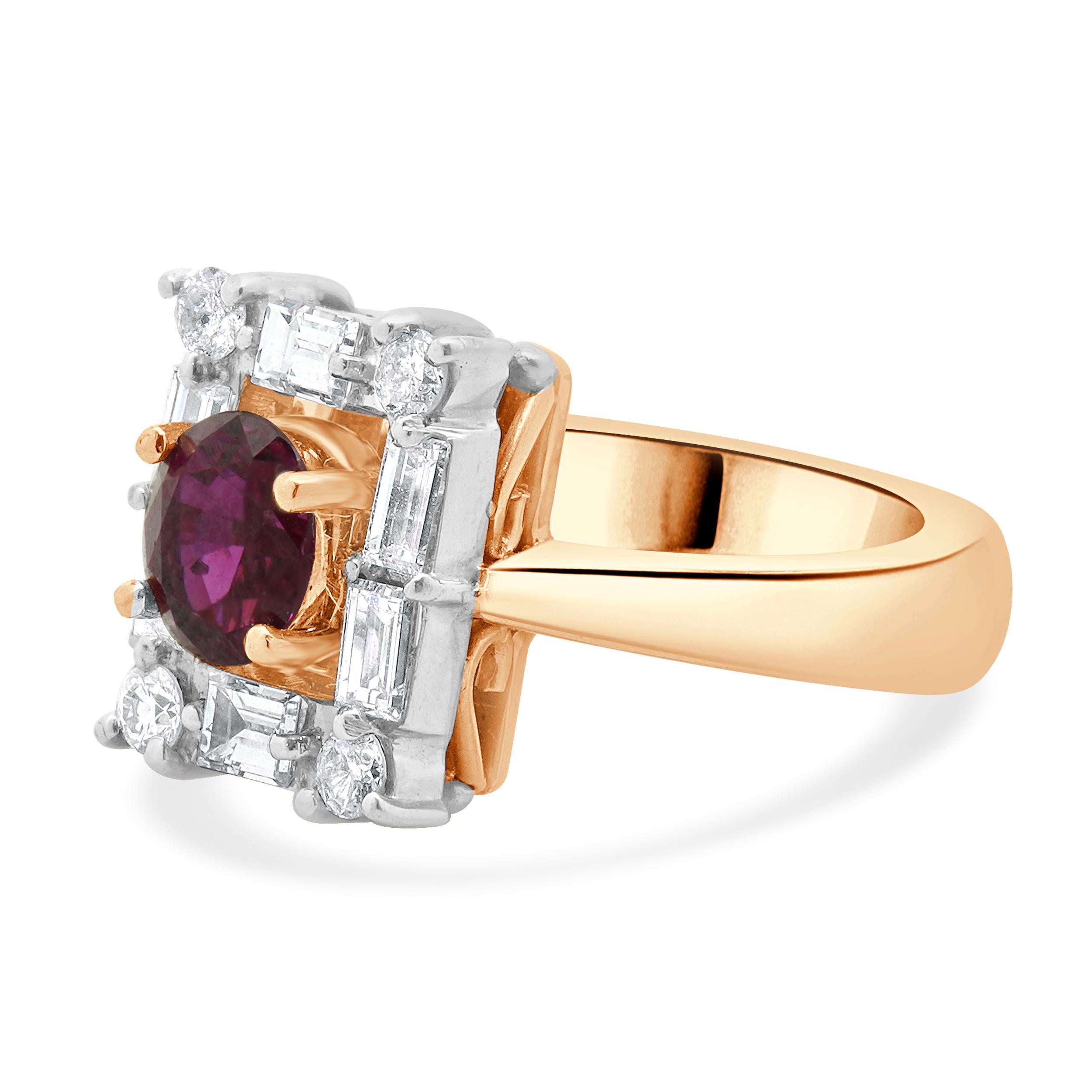 Designer: custom
Material: 14K rose gold
Diamond:  round and emerald cut = 1.73cttw
Color: G
Clarity: SI1
Oval Ruby:  4.10cttw
Ring Size: 7 (please allow two extra shipping days for sizing requests) 
Weight: 11.49 grams

