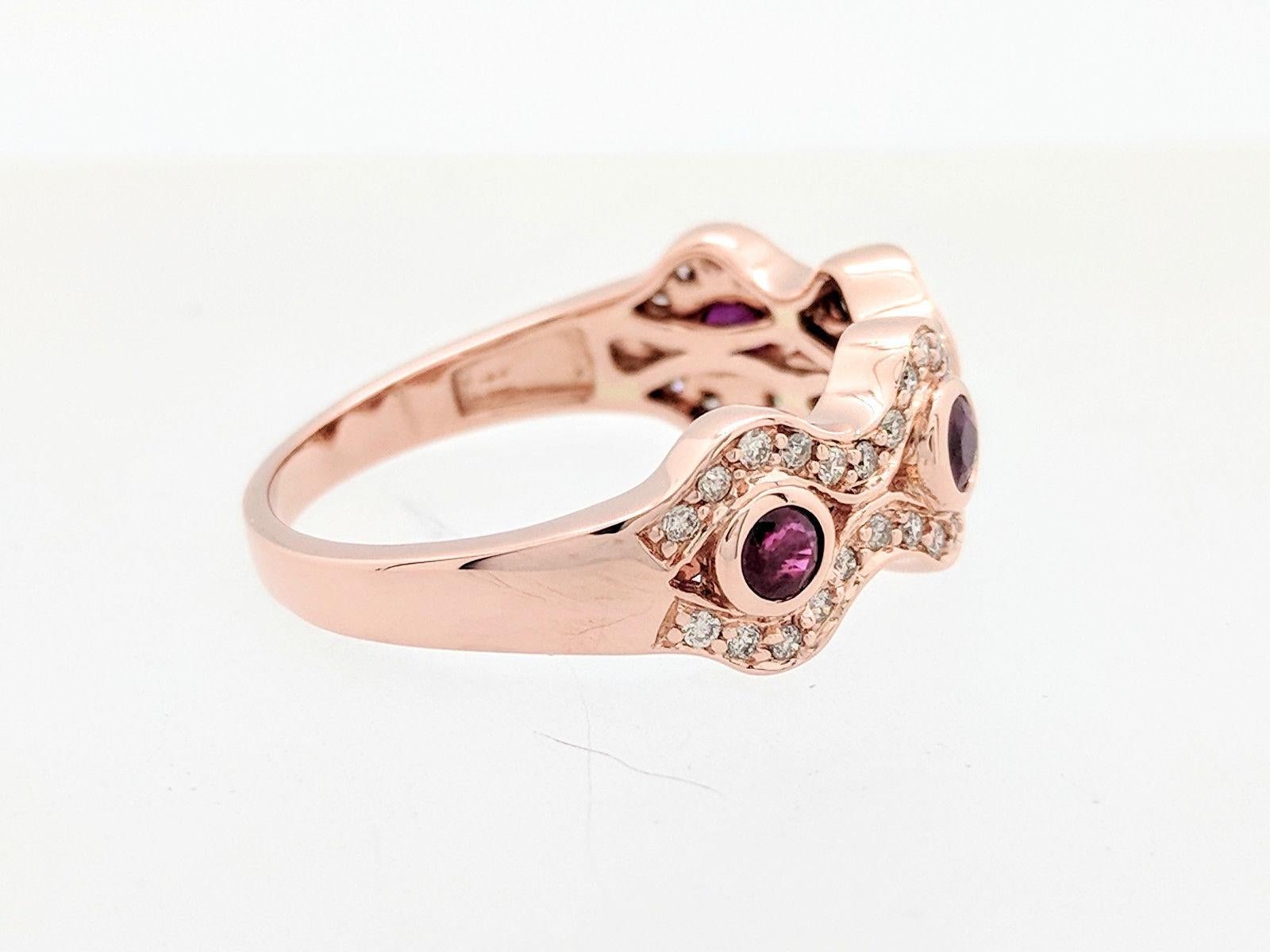 Round Cut 14 Karat Rose Gold Ruby and Diamond Right Hand Ring