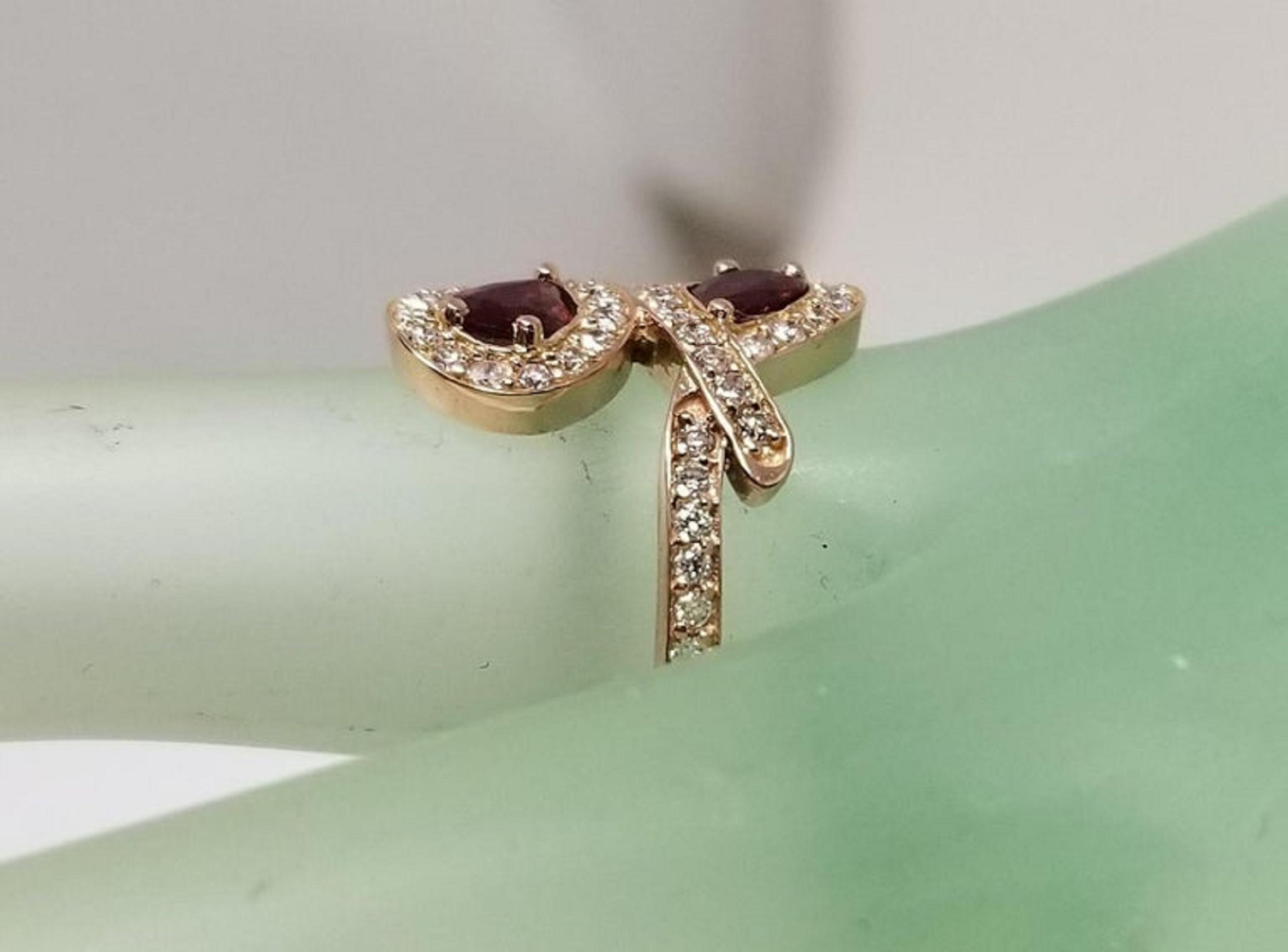 14 Karat Rose Gold Ruby and Diamond Ring 2 Pear Shape For Sale 1