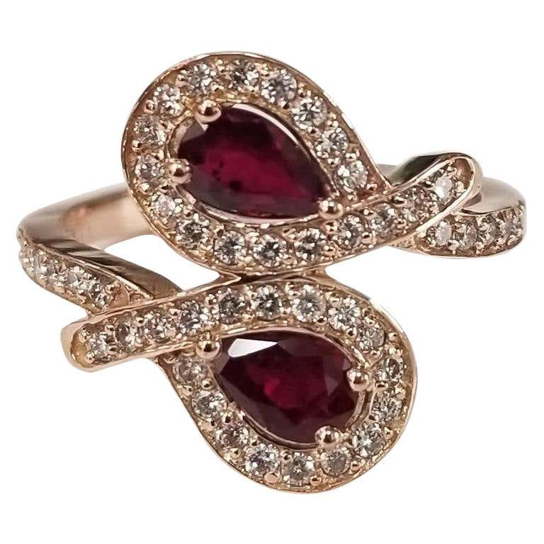14 Karat Rose Gold Ruby and Diamond Ring 2 Pear Shape For Sale at 1stDibs