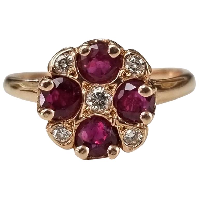 14 Karat Rose Gold Ruby and Diamond Ring Art Deco Style Ring