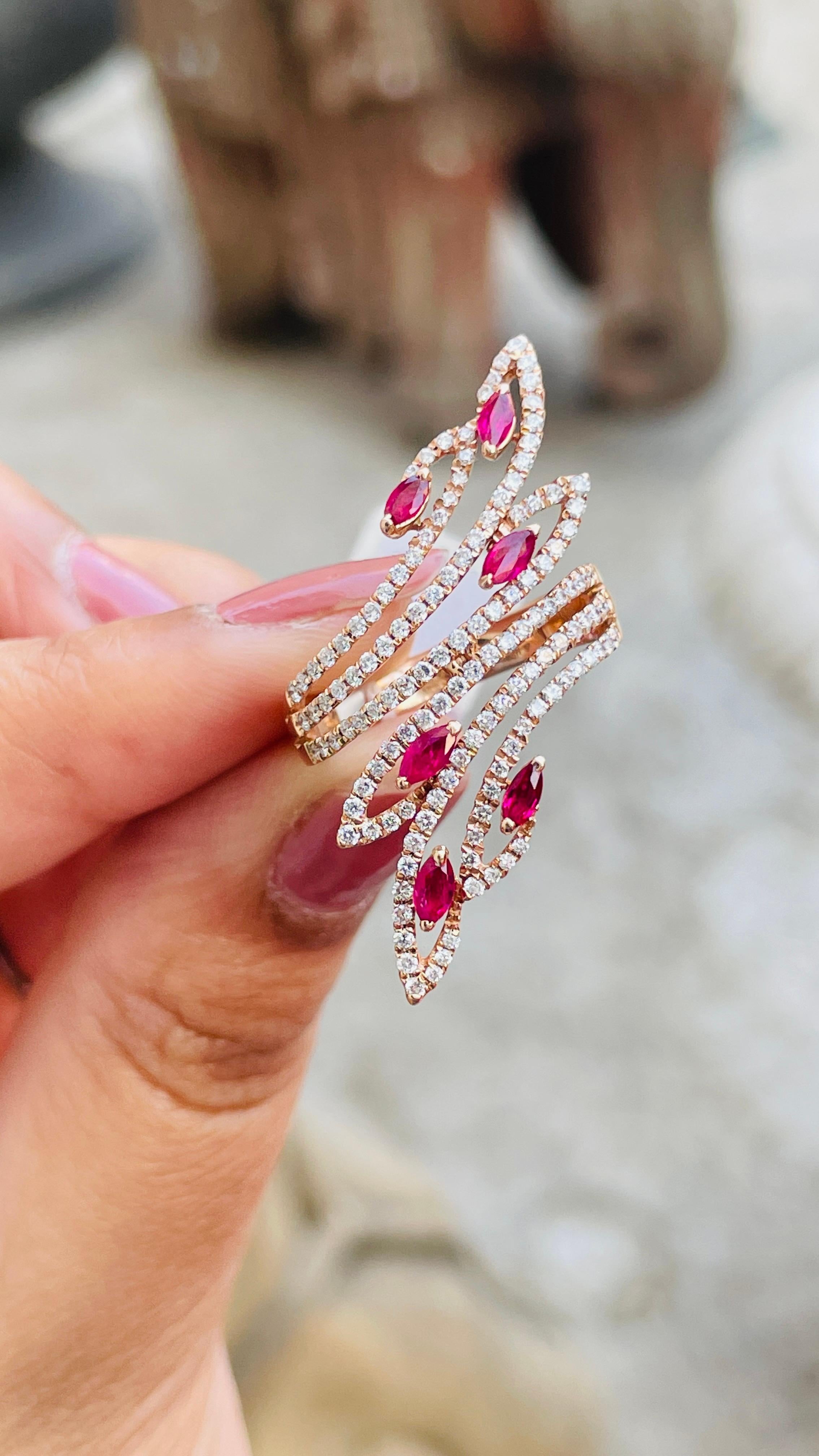 For Sale:  14 Karat Rose Gold Ruby Cocktail Ring with Diamonds 2