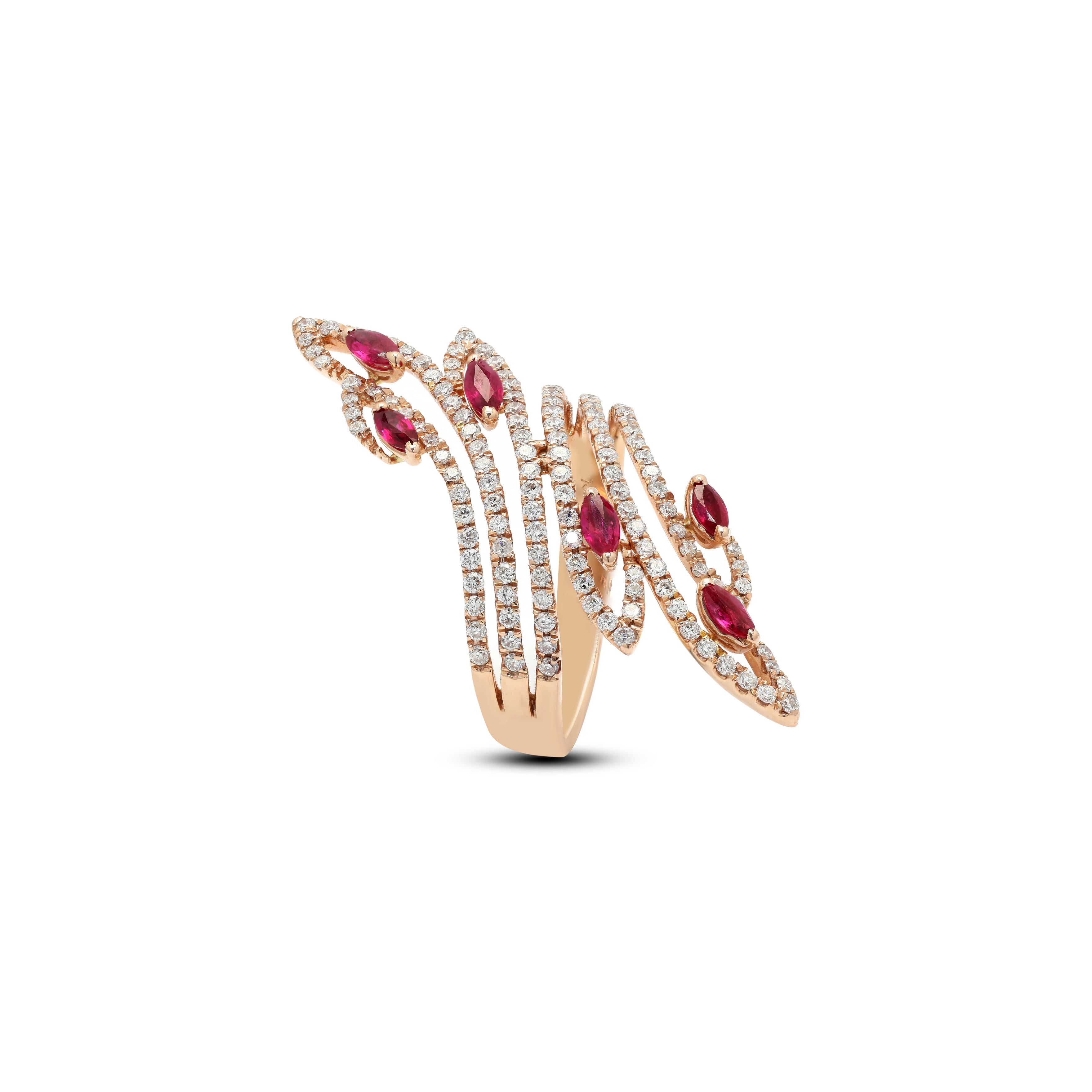 For Sale:  14 Karat Rose Gold Ruby Cocktail Ring with Diamonds 4
