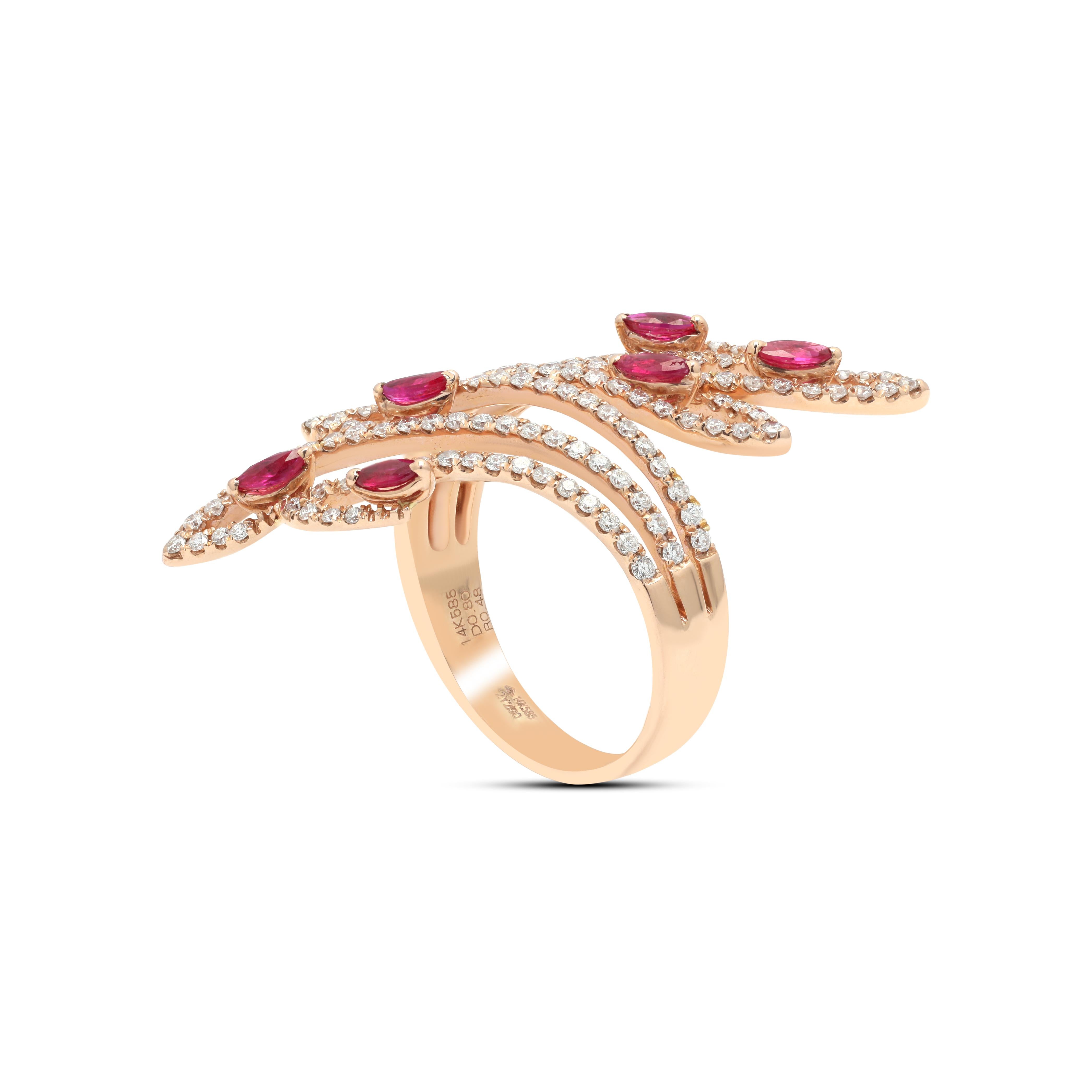 For Sale:  14 Karat Rose Gold Ruby Cocktail Ring with Diamonds 6