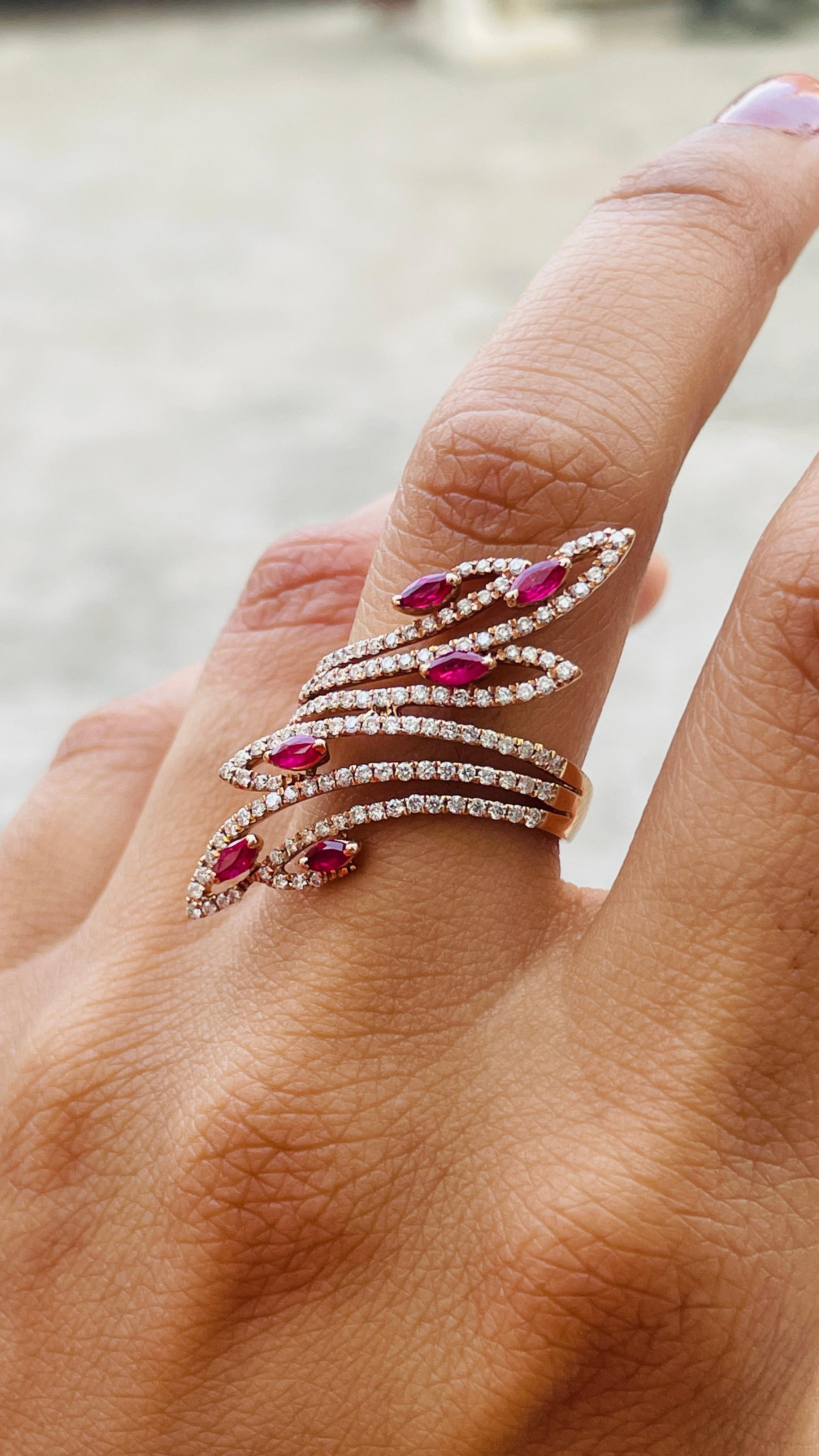 For Sale:  14 Karat Rose Gold Ruby Cocktail Ring with Diamonds 7