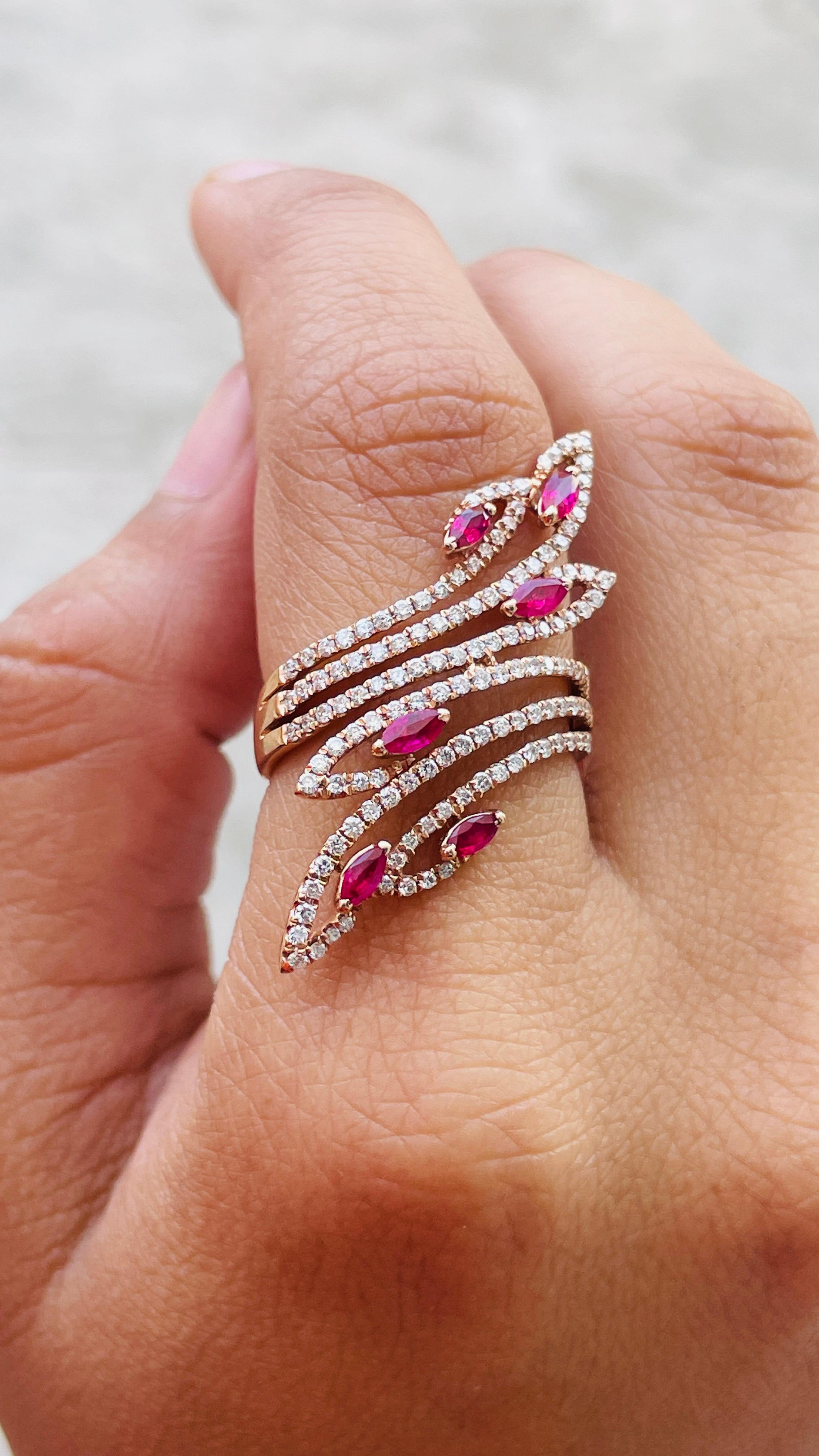 For Sale:  14 Karat Rose Gold Ruby Cocktail Ring with Diamonds 8
