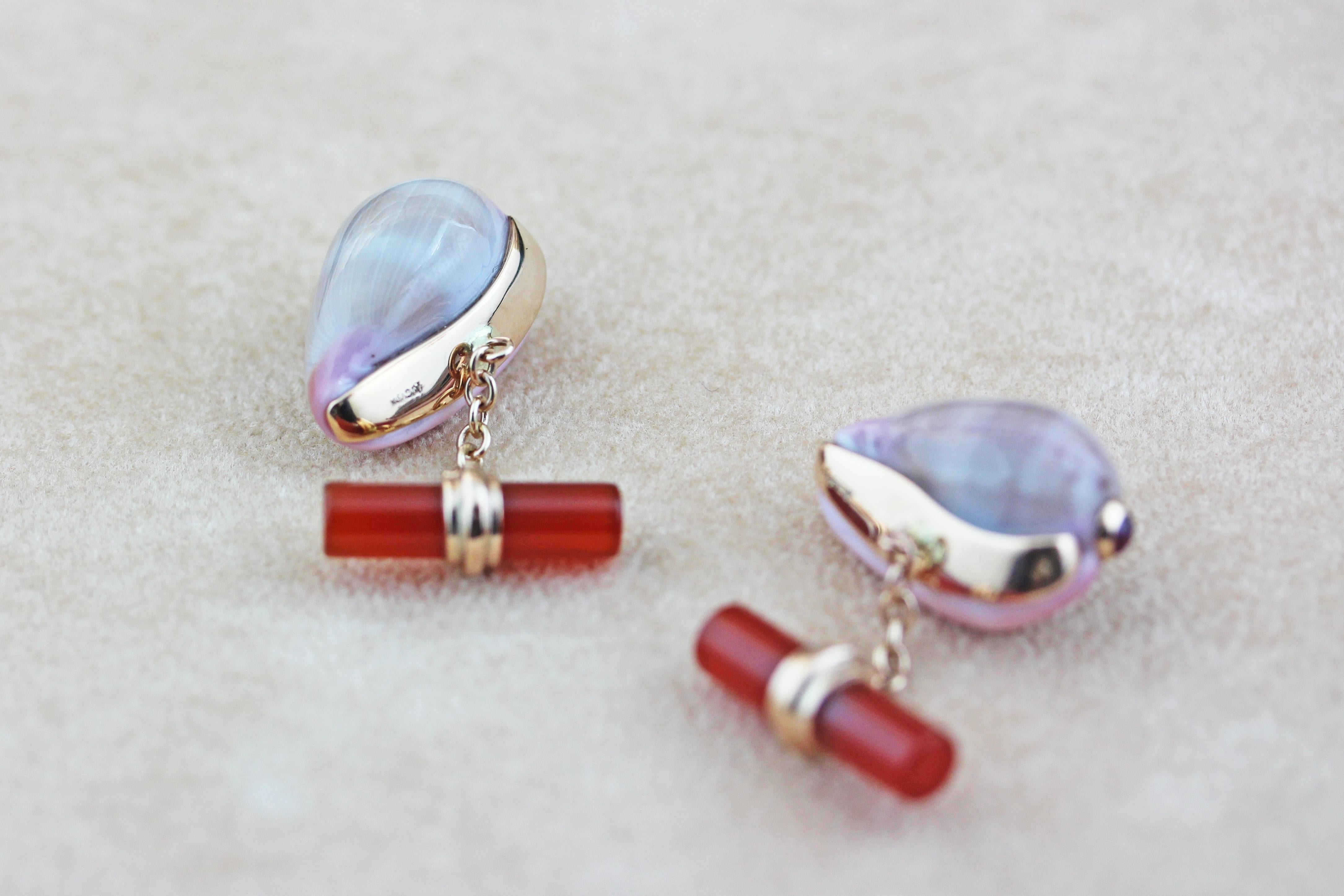 14 Karat Rose Gold Ruby Rose Pink Shell Carnelian Cufflinks In New Condition In Milano, IT