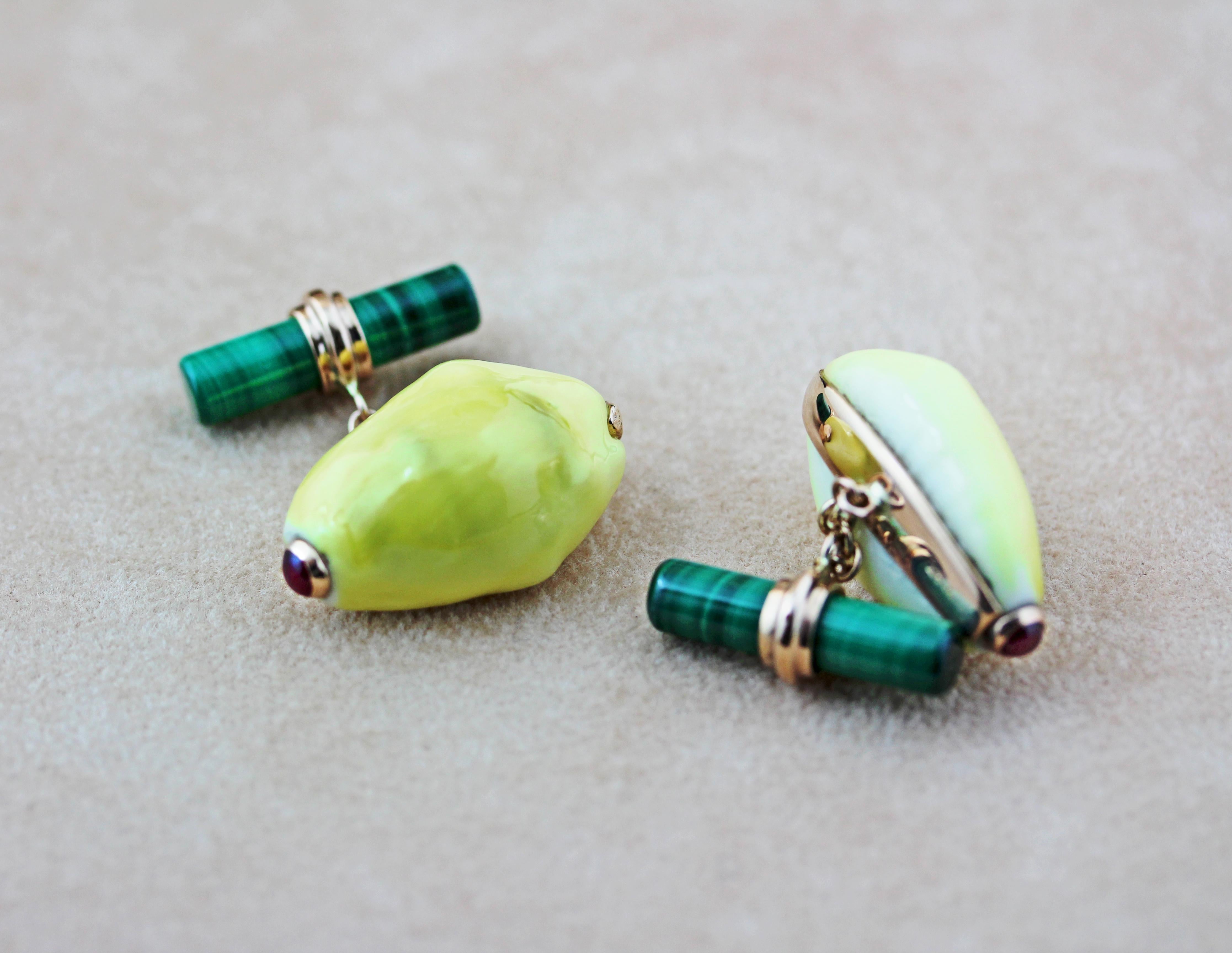 14 Karat Rose Gold Ruby Yellow Shell Malachite Cufflinks In New Condition For Sale In Milano, IT