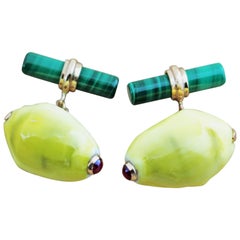 Boutons de manchette en or rose 14 carats, rubis et malachite en forme de coquillage jaune