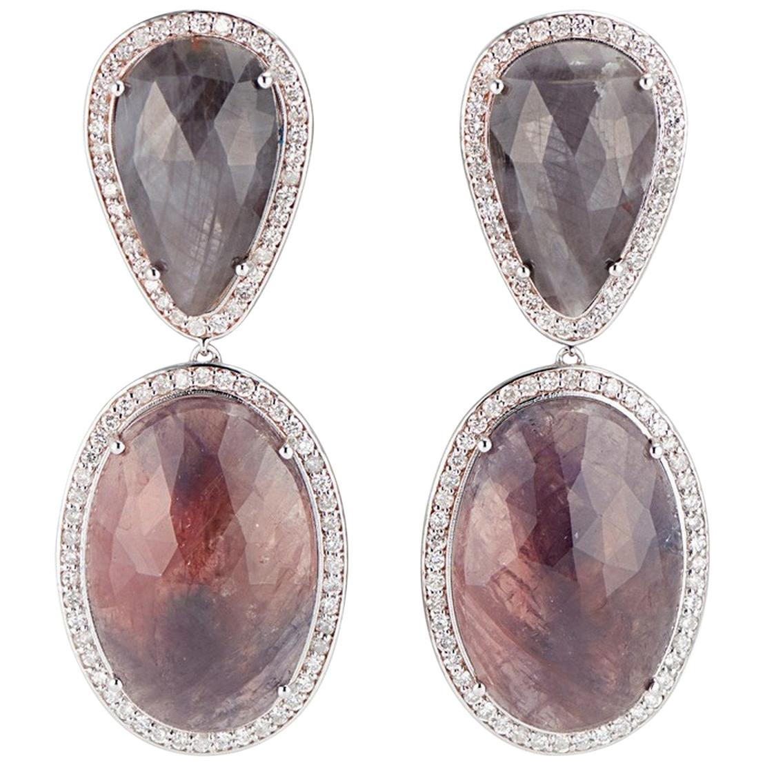 14k White Gold Sapphire Pear and Oval Slice Diamond Statement Earrings