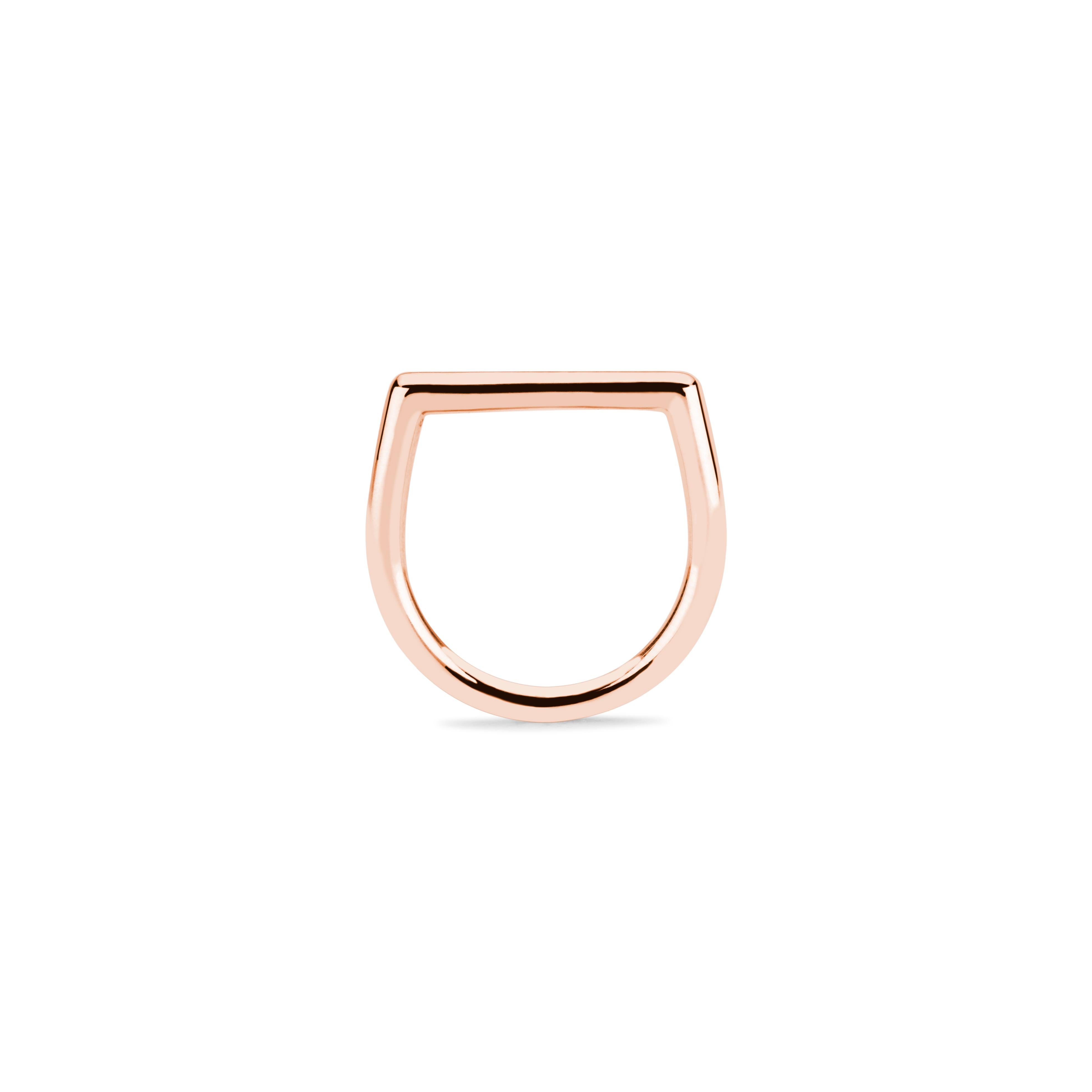 Unique in its shape and style, this 14k rose gold ring is meant to be stacked with other rings, but it is solid enough to stand alone. Comfortable and easy to wear, the shape allows for flexible fitting across fingers.

This ring can be made in all