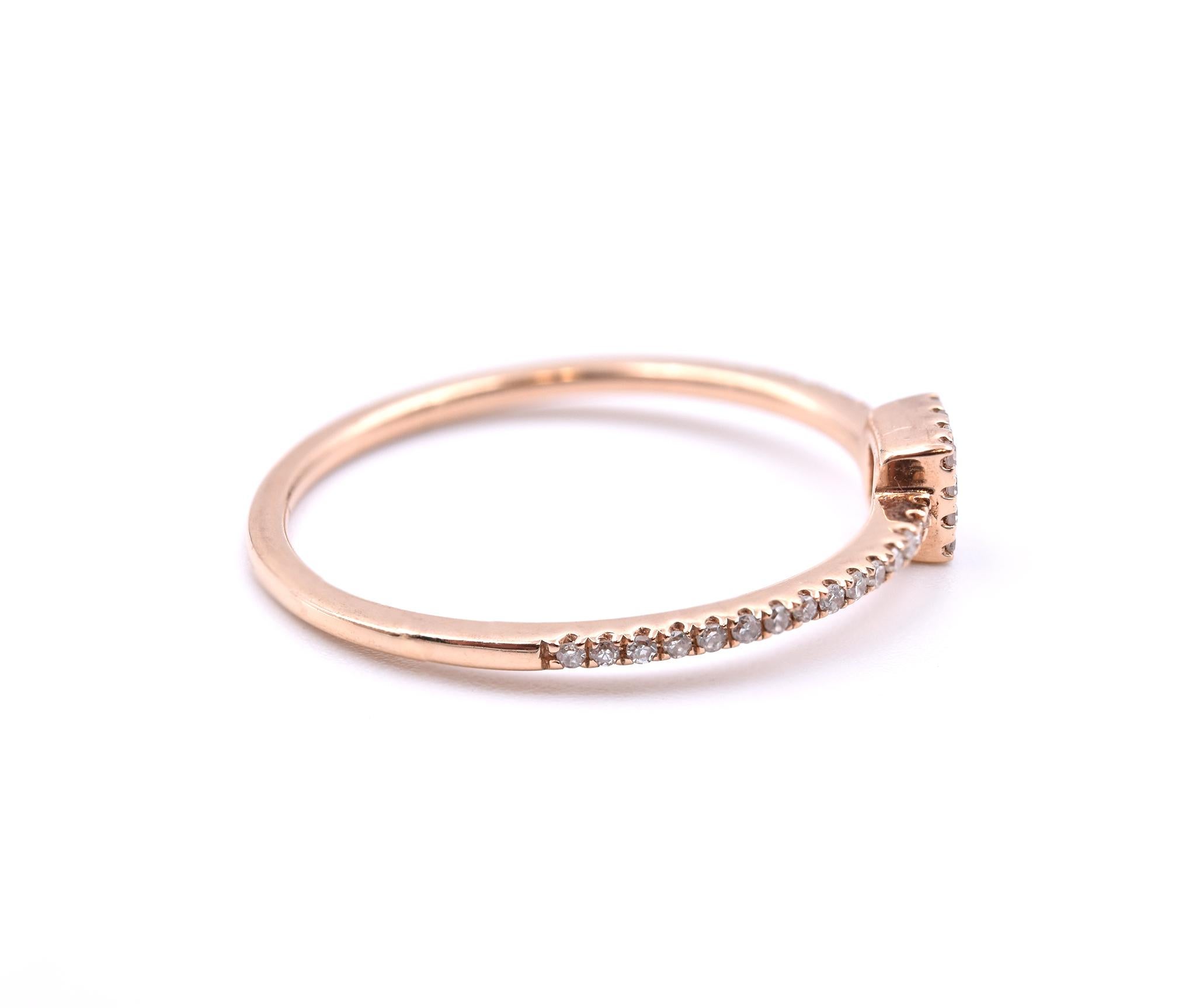 Material: 14K rose gold
Diamonds: 42 round brilliant cut = .21cttw
Color: H
Clarity: SI1
Diamond: 1 round brilliant cut = .02ct
Color: H
Clarity: SI1
Ring Size: 7 (please allow up to 2 additional business days for sizing requests)
Dimensions: ring