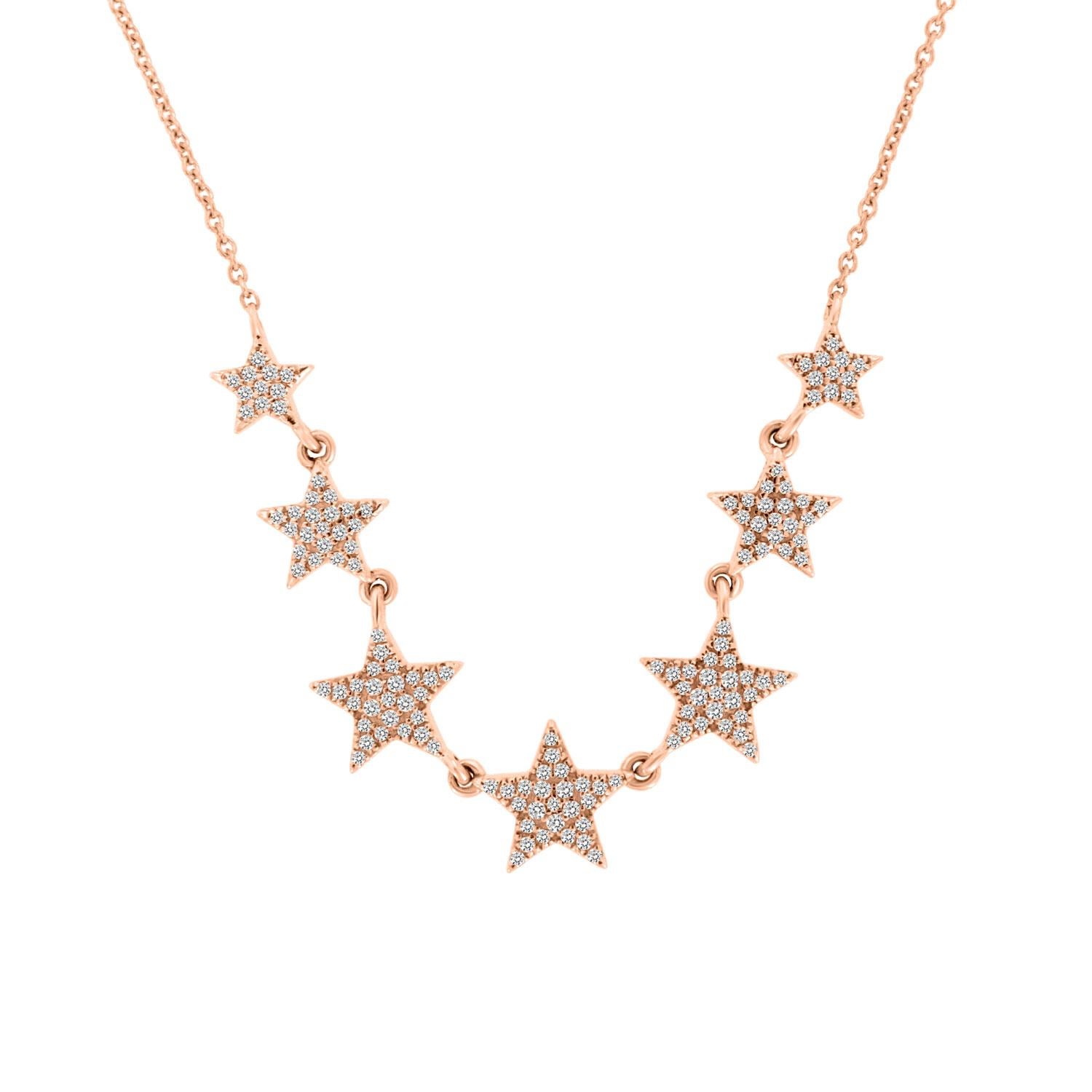 This elegant necklace features 7 diamond stars Micro Prong-set linked to each other via delicate loops. Experience The Difference in Person!

Product details: 

Center Gemstone Type: NATURAL DIAMOND
Center Gemstone Shape: ROUND
Metal: 14K Rose