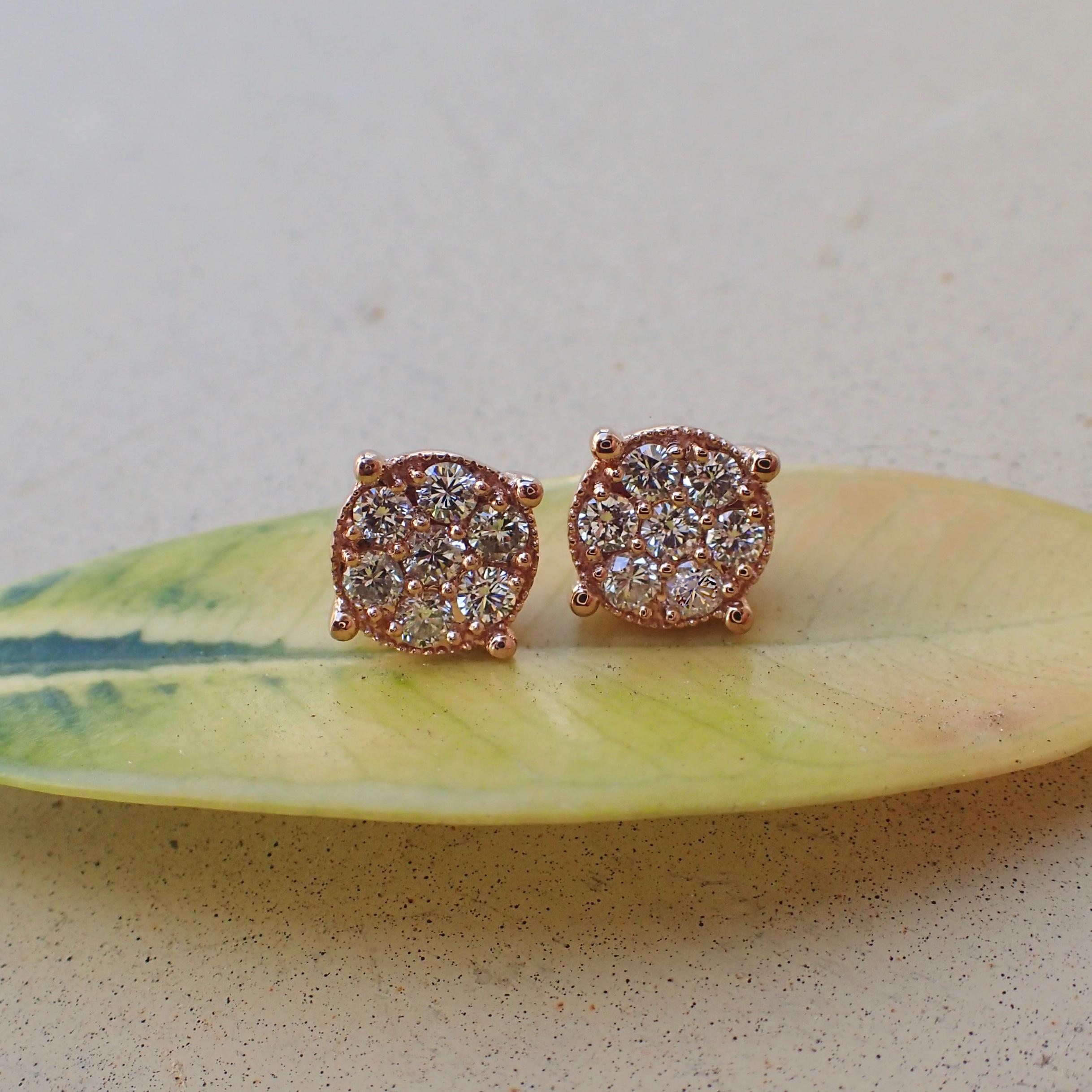 Contemporary 14 Karat Rose Gold Stud Earrings with 0.68 Carat of Diamond - Illusion Set