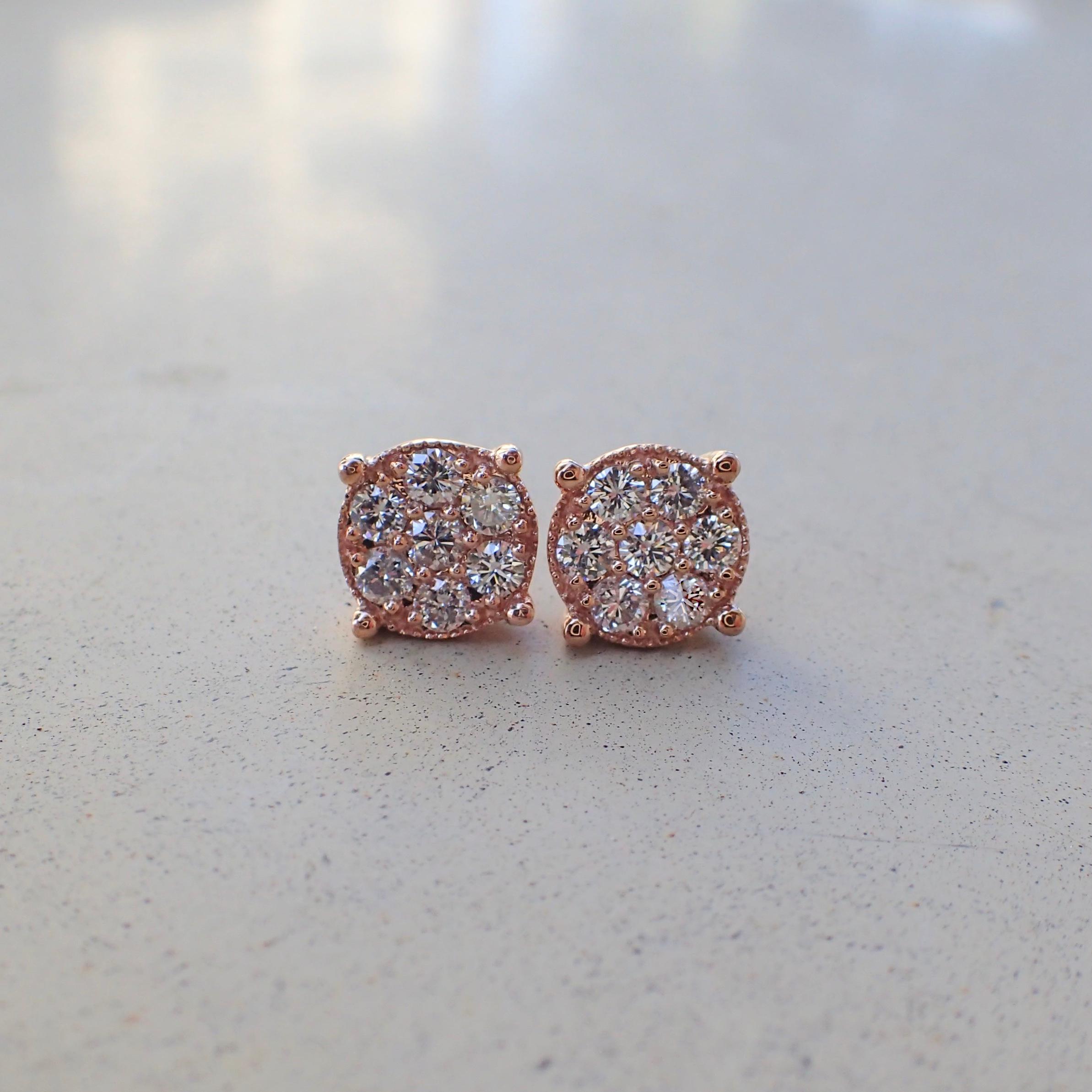 Round Cut 14 Karat Rose Gold Stud Earrings with 0.68 Carat of Diamond - Illusion Set