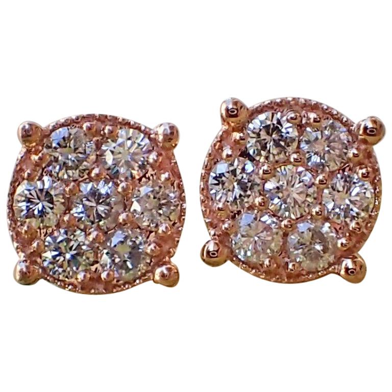 14 Karat Rose Gold Stud Earrings with 0.68 Carat of Diamond - Illusion Set