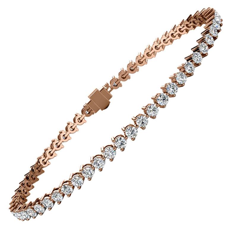 14 Karat Rose Gold Three Prongs Diamond Tennis Bracelet '3 Carat' For Sale