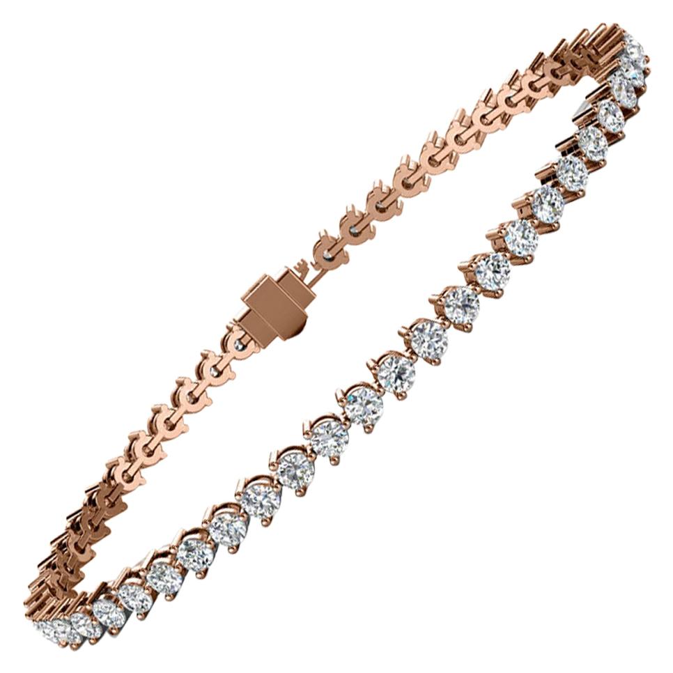 14 Karat Rose Gold Three Prongs Diamond Tennis Bracelet  '4 Carat' For Sale