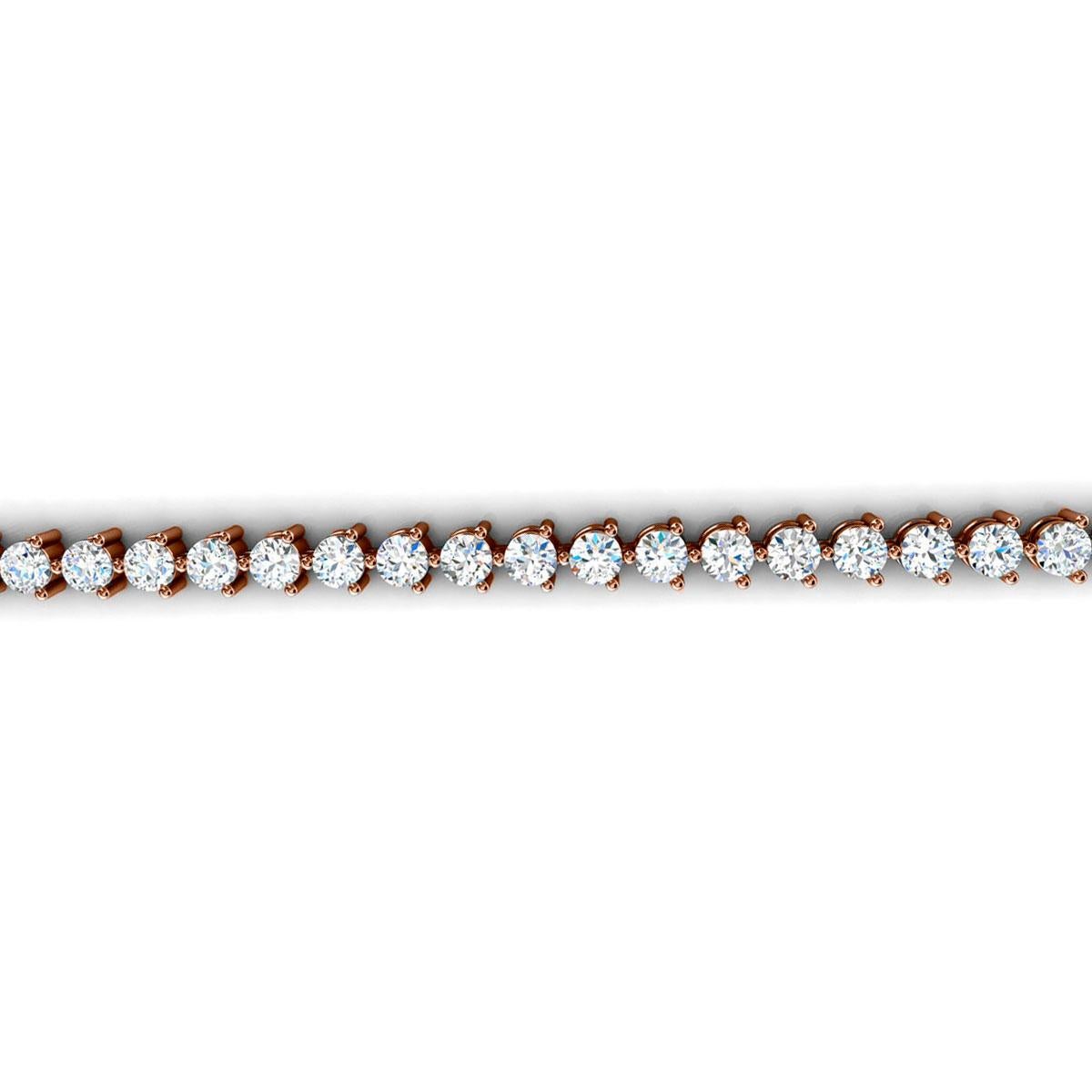 14 Karat Rose Gold Three Prongs Diamond Tennis Bracelet '5 Carat' In New Condition For Sale In San Francisco, CA