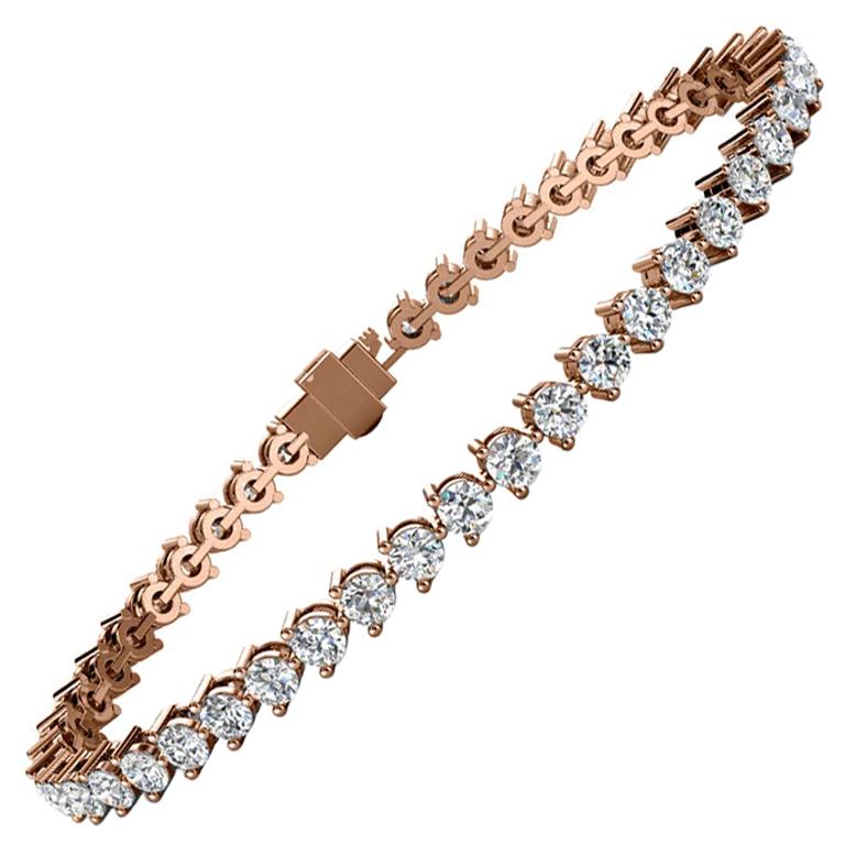 14 Karat Rose Gold Three Prongs Diamond Tennis Bracelet '5 Carat' For Sale
