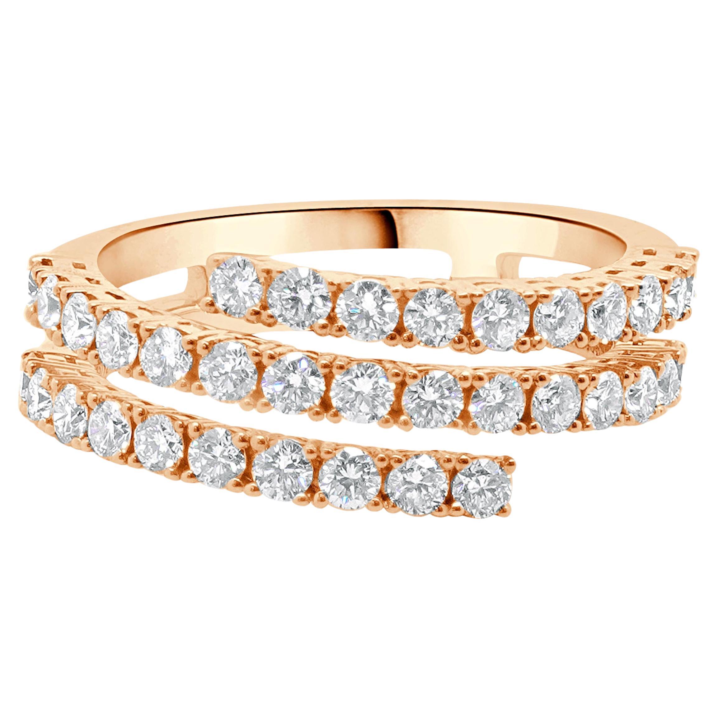 14 Karat Rose Gold Three Row Diamond Bypass Ring