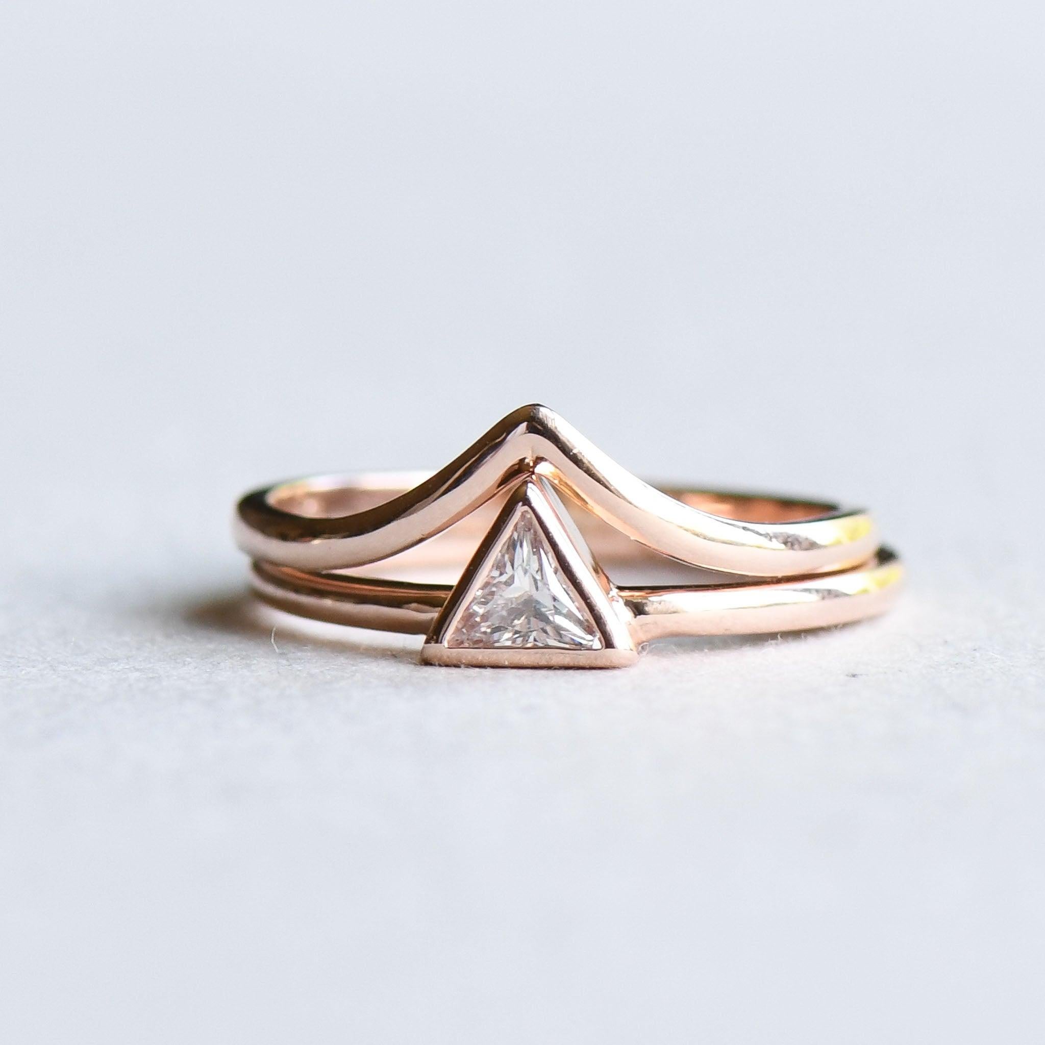 For Sale:  14 Karat Rose Gold Triangle Diamond Ring, Engagement Chevron Ring Set 2