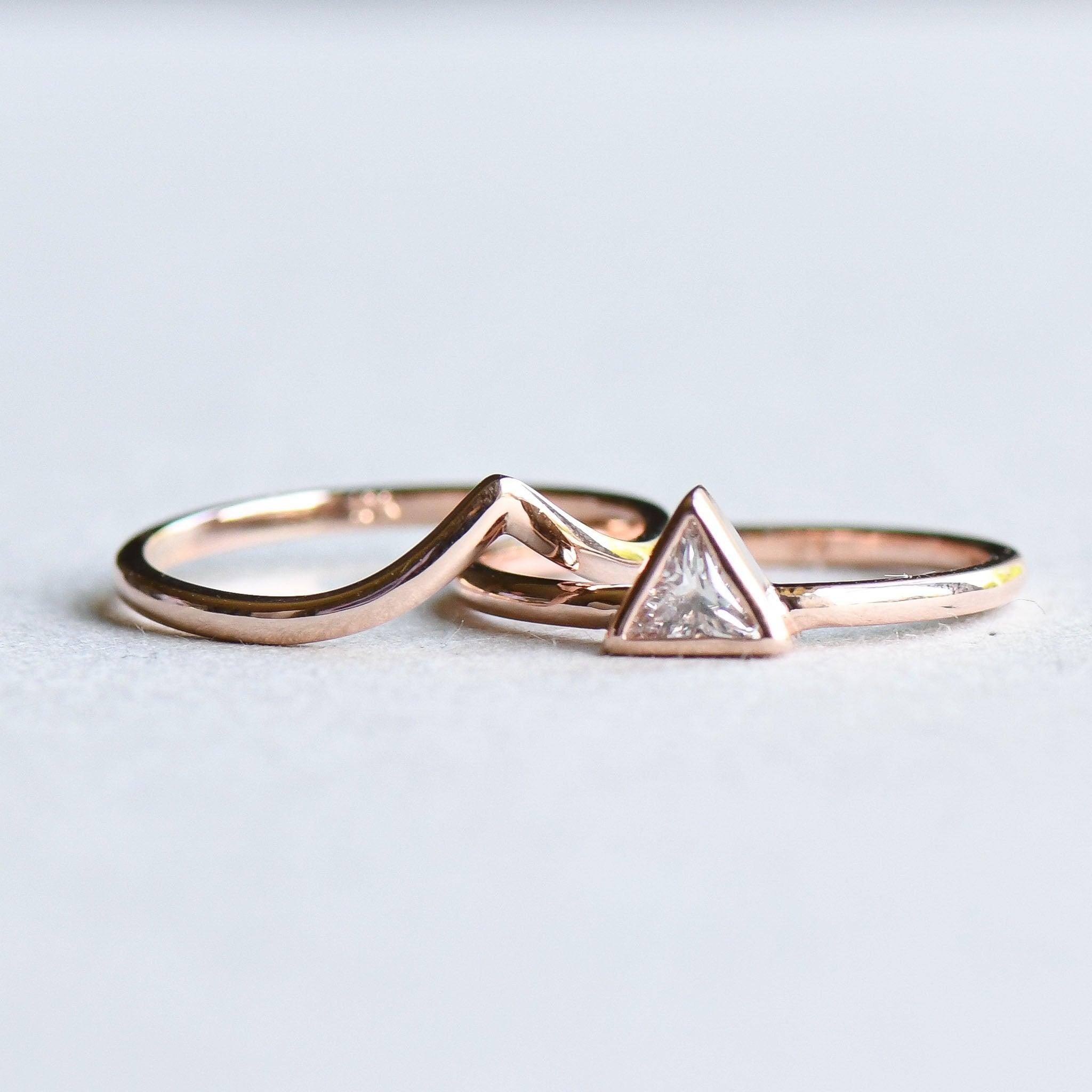 For Sale:  14 Karat Rose Gold Triangle Diamond Ring, Engagement Chevron Ring Set 3