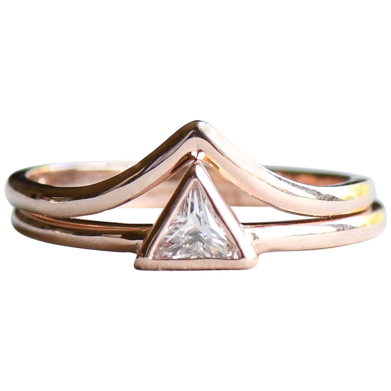 For Sale:  14 Karat Rose Gold Triangle Diamond Ring, Engagement Chevron Ring Set