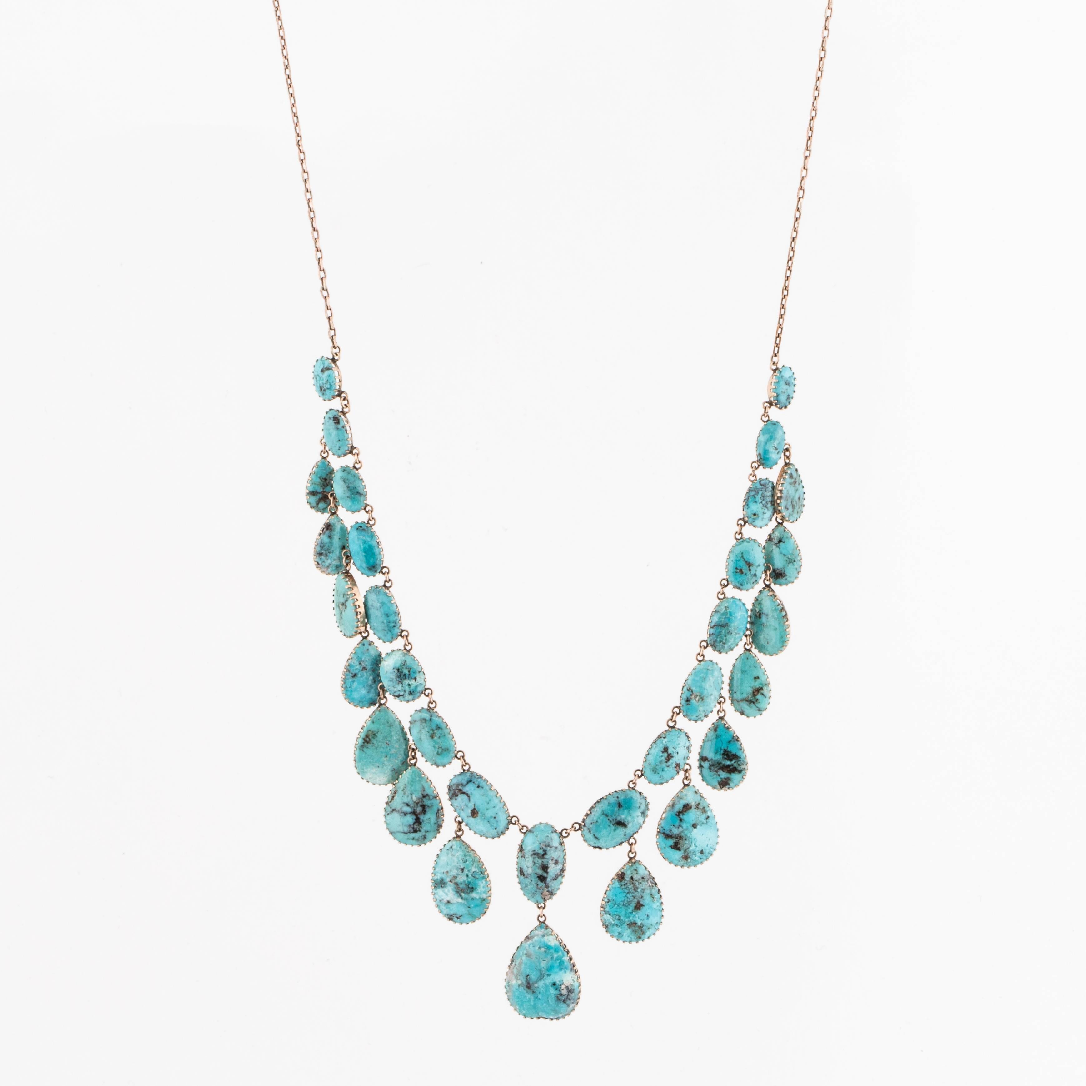 This necklace is from the Arts & Crafts period, late 1800's.  There are pear-shaped turquoise drops hanging from oval-shaped turquoise stones.  The entire necklace is crafted in 14K rose gold.  Measures 17